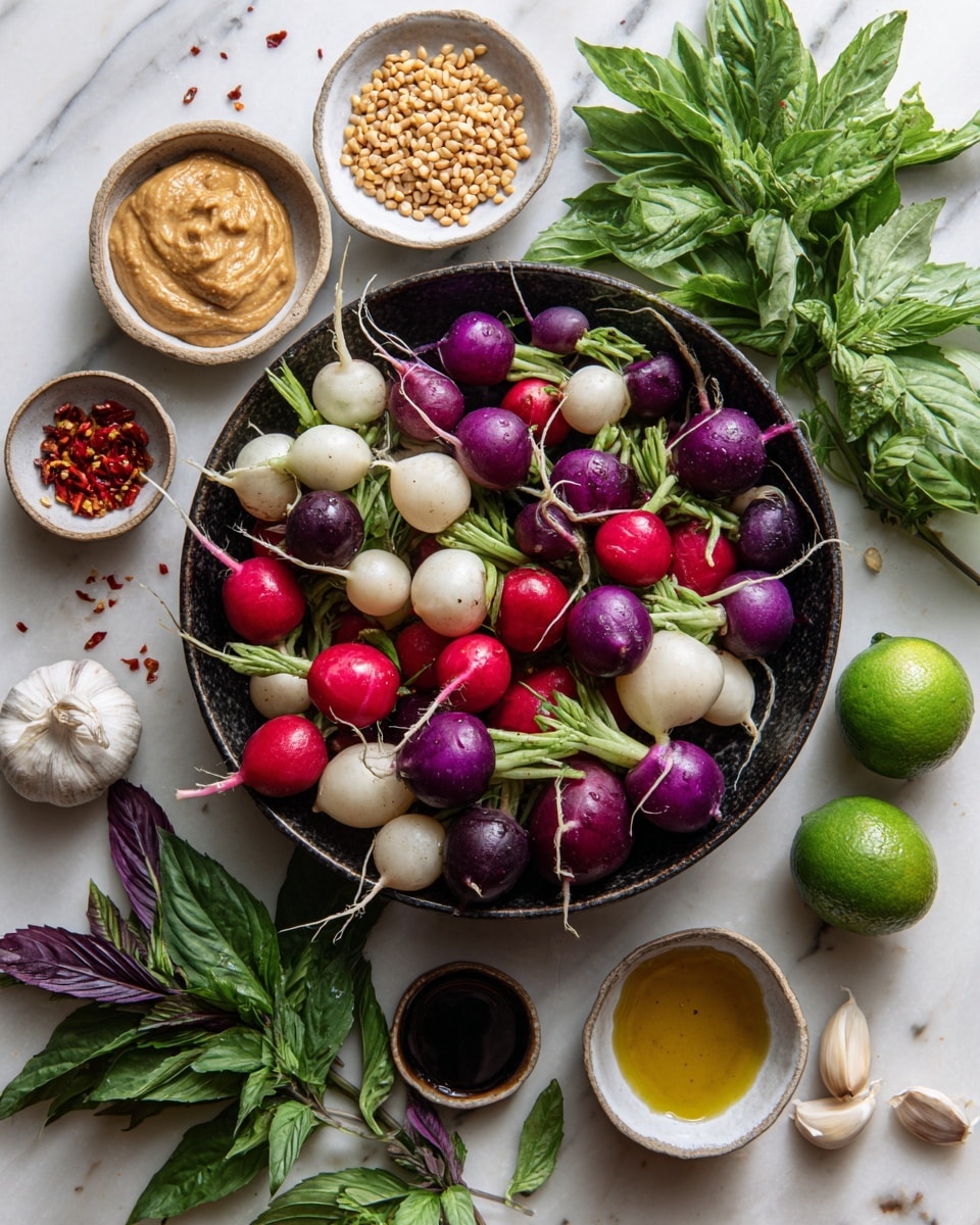 A large dark bowl filled with a mix of radishes in different colors: white, deep purple, bright red, and red with white tips, all with green leafy tops, sits on a white marbled surface. Surrounding the bowl are several small white dishes holding various ingredients: a light brown creamy paste, a small pile of roasted seeds or nuts, golden yellow oil, and dark brown liquid soy sauce. Fresh limes, both whole and cut in halves, are placed near a jar filled with red chili flakes in oil. There are also fresh green cucumbers and mixed green and purple basil leaves scattered around, along with two garlic cloves. The overall arrangement is bright and fresh, with vibrant colors and textures, photo taken with an iphone --ar 4:5 --v 7
