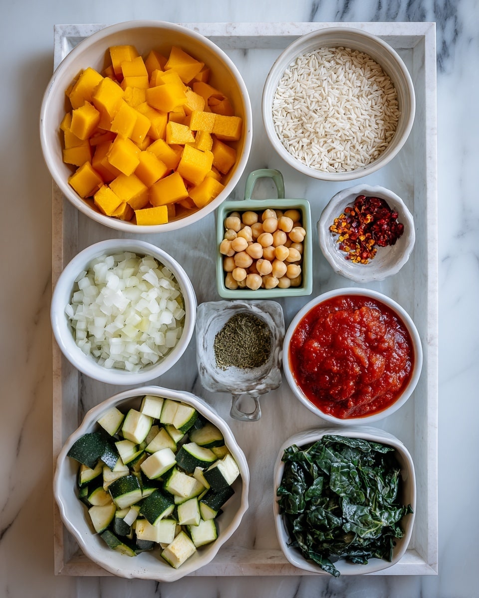 The image shows a large white pot filled with a mix of cooked vegetables and chickpeas. The vegetables are cut into small cubes, including bright orange sweet potatoes or carrots and green zucchini with white inside. The chickpeas are round and light beige, scattered evenly throughout the pot. A wooden spoon with a pale handle is resting inside the pot, stirring the colorful mixture. The pot sits on a wooden surface, but the background is a white marbled texture. The colors of the food look warm and inviting with a soft, natural light. Photo taken with an iphone --ar 4:5 --v 7