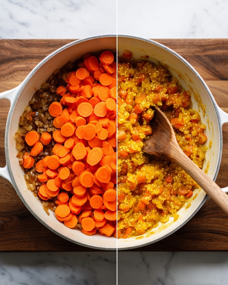 The image shows two stages of cooking in a white pot on a wooden surface. On the left, bright orange sliced carrots are being poured into the pot, which already contains a layer of diced onions sautéed to a golden brown color, visible at the bottom. On the right, the pot is filled with cooked sliced carrots in an orange-yellow thick sauce with some grains, stirred by a wooden spoon, creating a textured mix of soft carrots and sauce. The background is a white marbled surface. Photo taken with an iphone --ar 4:5 --v 7