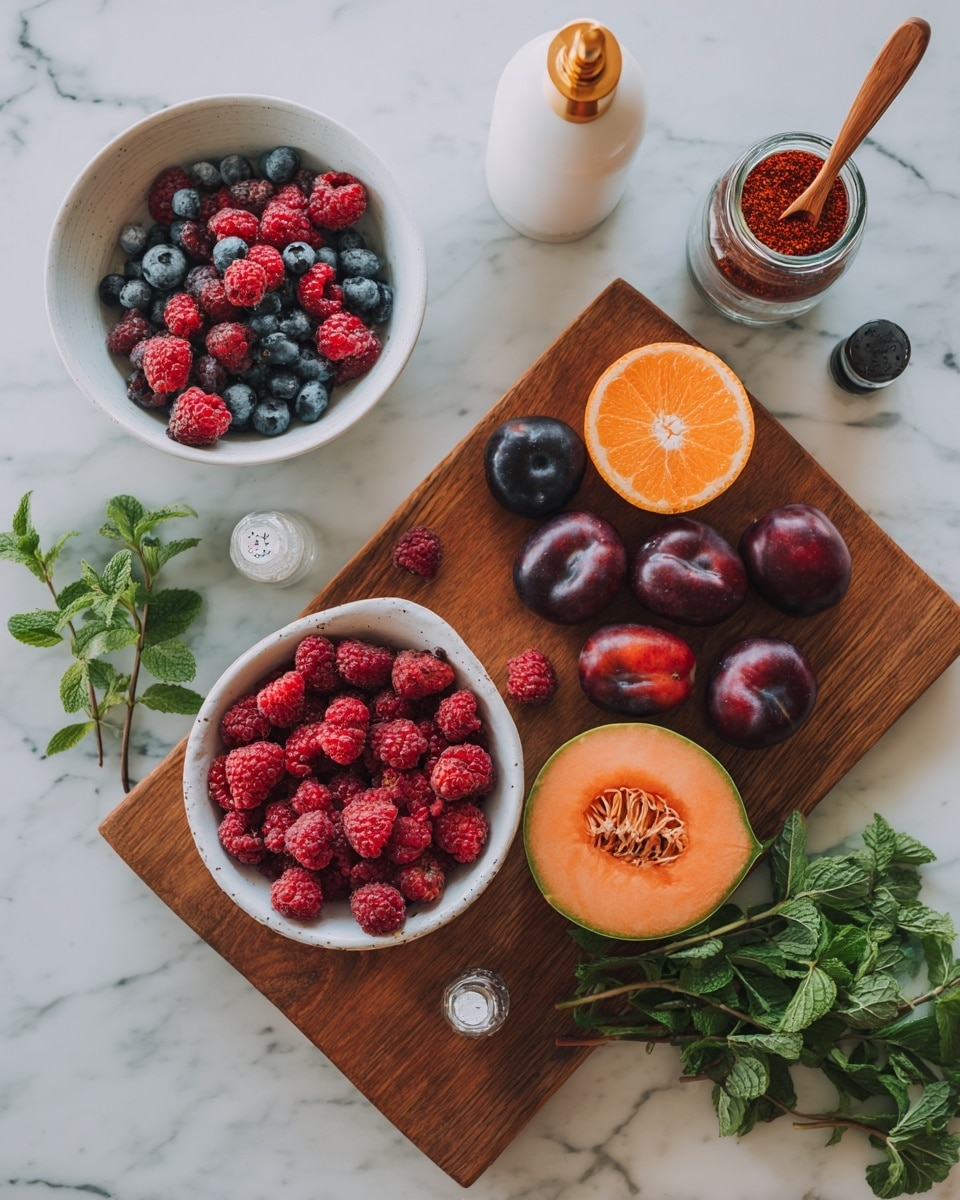 A white bowl filled with five distinct layers of fresh fruit: on the left, a cluster of dark blue blueberries with a smooth texture; next to it, bright orange chunks of cantaloupe with a firm and slightly rough surface; in the middle, a group of deep red raspberries with a bumpy and delicate look; to the right of the raspberries, slices of yellowish-orange peaches with smooth skin and juicy flesh; and on the far right, dark red plum pieces having a shiny and smooth texture. From the top right corner, a dark container pours greenish dressing or sauce with herbs over the peach and plum slices. The scene rests on a white marbled surface with soft warm light, photo taken with an iphone --ar 4:5 --v 7