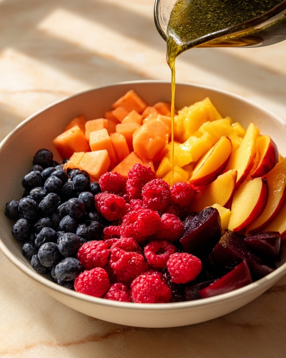 The image shows a white bowl full of fresh red raspberries and dark blueberries to the left. Next to the bowl is a white bottle with a golden nozzle, a small glass jar filled with ground red spice with a wooden spoon, and two small jars, one dark and one light. On the right side, there is a white marbled surface with a large wooden cutting board holding various cut fruits: a half orange showing its juicy bright orange inside at the top, several whole and halved dark purple and red plums, a large melon cut in half showing orange flesh and seeds in the center, and a large orange piece of melon beside it. Fresh green mint leaves add some color to the right side on the wooden board. The whole setup is on a white marbled background with soft natural light. photo taken with an iphone --ar 4:5 --v 7