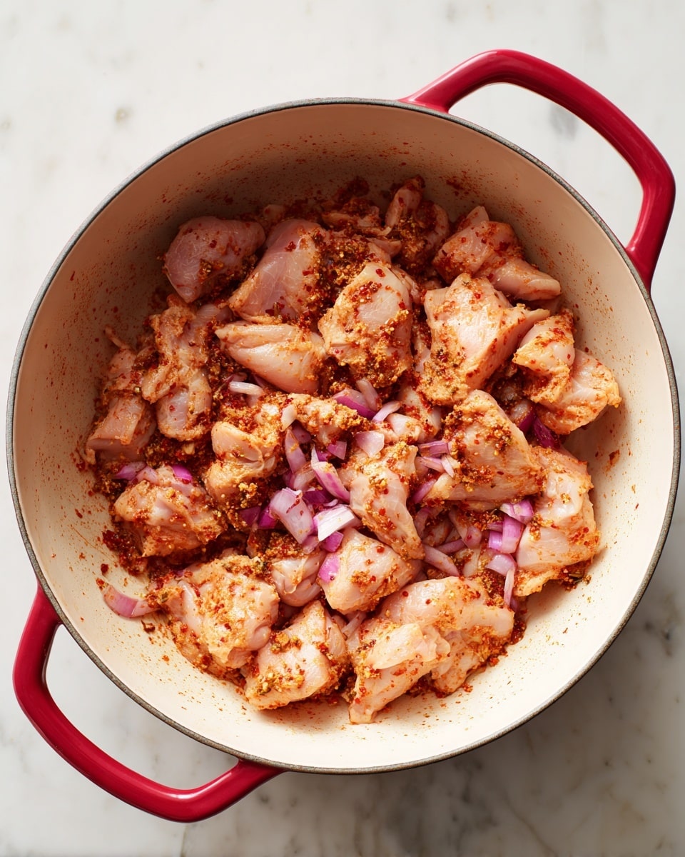 A round white pot with a red handle is filled with small pieces of raw chicken mixed with reddish-brown spices and finely chopped onions. The chicken pieces cover the entire base of the pot in one thick layer, showing a mix of pink meat coated in a textured spice paste that has visible bits of seasoning and onion. The pot sits on a white marbled surface. photo taken with an iphone --ar 4:5 --v 7