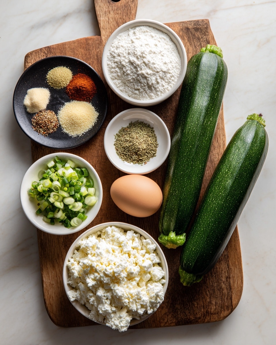 The image shows ingredients arranged neatly on a wooden cutting board placed on a white marbled surface. Two large green zucchinis are positioned vertically on the right side. At the bottom right, there is a white bowl filled with white crumbled cheese. Below the zucchinis is a brown egg. To the left side of the egg, a small white bowl holds white flour. Above this, a small white plate contains chopped green onions with light and dark green colors. At the top left corner, a black plate holds five different spices in neatly separated piles: a reddish powder, a mustard-yellow powder, a beige powder, a brownish-green herb, and a fine beige powder. photo taken with an iphone --ar 4:5 --v 7