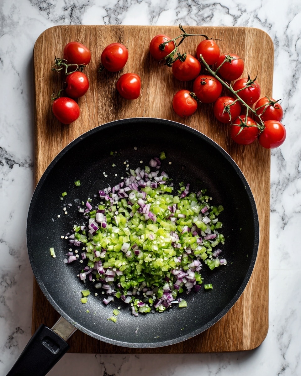 A black frying pan sits on a wooden board over a white marbled surface. Inside the pan, there is one layer of finely chopped green bell peppers and purple onions, spread evenly across the bottom with small white seeds scattered. To the side of the pan, fresh red cherry tomatoes with green stems rest on the white marbled surface. photo taken with an iphone --ar 4:5 --v 7
