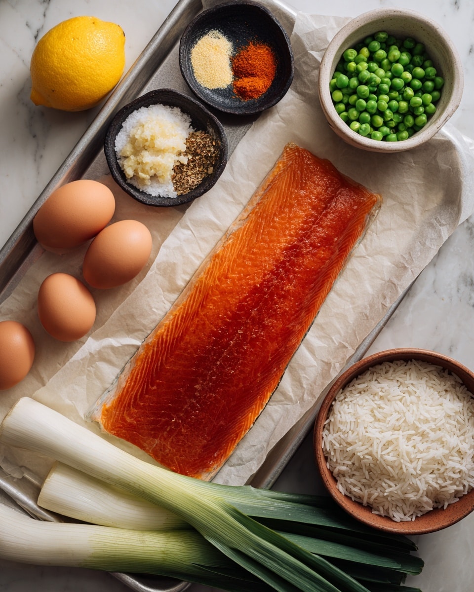 A metal tray holds various ingredients neatly arranged on parchment paper above a white marbled surface. In the center is a large piece of smoked salmon with a deep orange-brown color and a glistening texture. To the top left, a small black plate displays four piles of finely chopped garlic and ground spices in shades of light beige, red, orange, and brown. Above the salmon, a rustic white ceramic bowl filled with bright green frozen peas sits next to a whole yellow lemon. At the bottom left of the tray, three brown eggs rest beside a fresh, white and light green leek with dark green leaves extending beyond the tray’s edge. In the bottom right corner, a brown ceramic bowl contains fluffy, white cooked rice. Some green leafy sprigs lie scattered around the tray. Photo taken with an iphone --ar 4:5 --v 7