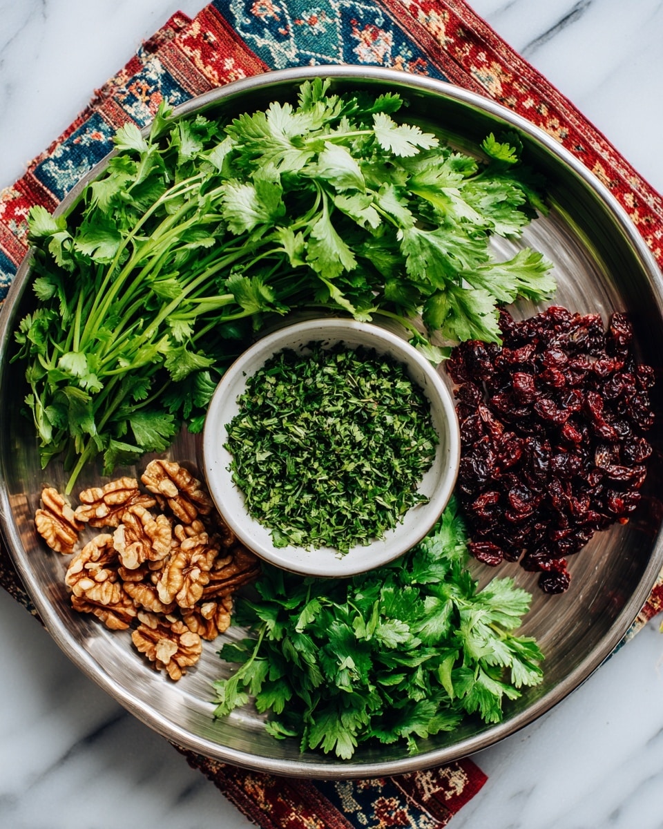 A round metal tray holds fresh green herbs and ingredients arranged in separate sections. On the left side, there is a bunch of bright green cilantro with its leaves and stems visible. Next to it, a small white bowl filled with finely chopped green dried herbs sits in the center. To the right of the bowl, a pile of small, dark red dried berries is neatly placed. Around the bottom of the tray, there are fresh parsley leaves with their rich green color. On the lower left corner, there is a small pile of light brown walnut halves. The tray is placed on a white marbled surface with a patterned cloth in red, blue, and white colors partially visible at the top edge. Photo taken with an iphone --ar 4:5 --v 7