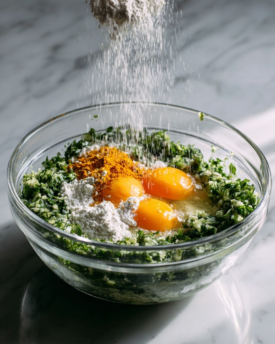 A clear glass bowl sits on a white marbled surface, filled with layers of chopped green herbs and vegetables forming a thick green base. On top are three raw egg yolks with bright yellow-orange color. A small heap of orange-yellow turmeric powder and white salt granules is sprinkled over the yolks. White flour is being poured down from above, creating a thin falling curtain over the center of the bowl. The glass bowl shows reflections and light shines softly on the ingredients inside. photo taken with an iphone --ar 4:5 --v 7