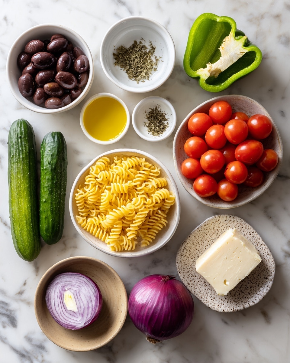 The image shows ingredients spread out on a white marbled surface. There are two small cucumbers, two lemon halves, and a small white bowl filled with yellow spiral pasta placed near the center. To the top left, there is a white bowl full of dark brown olives and a smaller white bowl with green dried herbs beside it. A small white bowl with yellow olive oil is near the olives. On the right side, there is a rough-textured white ceramic dish filled with bright red grape tomatoes. Above the tomatoes, there is a green bell pepper cut in half, showing the pale green inside. To the right of the bell pepper are two halves of a purple-red onion. Lastly, there is a light brown bowl holding a block of white cheese. photo taken with an iphone --ar 4:5 --v 7