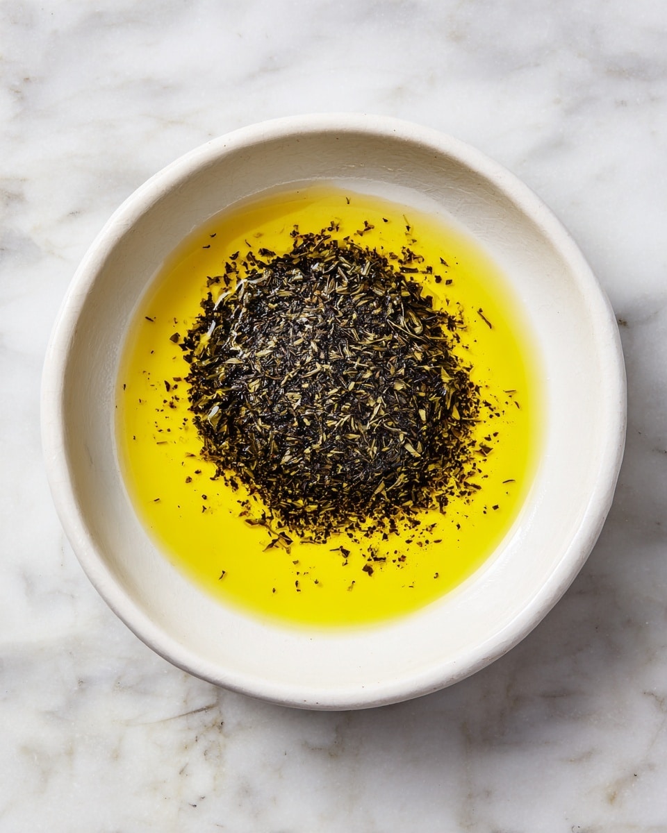 A white bowl sits on a white marbled surface with a small pool of light yellow oil forming the base layer. On top of the oil, there is a thin layer of finely ground dark green and black herbs spread in the center. The oil has a shiny, smooth texture, while the herbs add a rough texture in the middle. The edge of the bowl is wide and smooth, curving outward gently. The background and surface show a white marbled pattern with light gray veins. Photo taken with an iphone --ar 4:5 --v 7