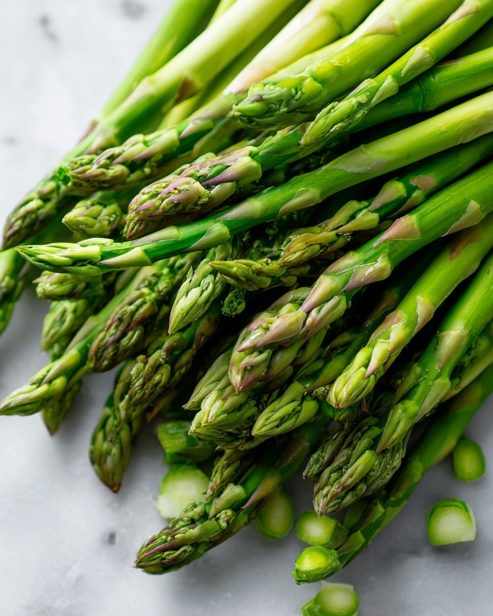 A pile of chopped green asparagus stems and tips spread across a white marbled surface. The asparagus pieces vary in length, with the thicker, smooth cut stems mostly at the front, showing a fresh, vibrant green color with slight purplish accents near the top ends. The more delicate, pointed tips are gathered towards the back, displaying a mix of green shades and tightly closed buds, creating a textured look. The light shines softly, highlighting the freshness and texture of the asparagus photo taken with an iphone --ar 4:5 --v 7