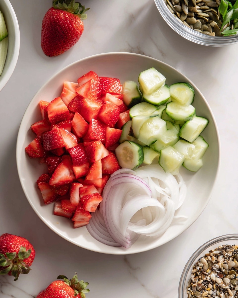 A white round plate holds three groups of fresh ingredients neatly arranged side by side: bright red strawberry pieces on the bottom left, light green sliced cucumber pieces on the top left, and thin, translucent white onion slices on the right. Around the plate on a white marbled surface, there are three strawberry halves with green tops and parts of other dishes partly visible, including a bowl with green leafy vegetables and a glass bowl with mixed seeds and nuts. The image has soft natural light and a clean, fresh look. photo taken with an iphone --ar 4:5 --v 7