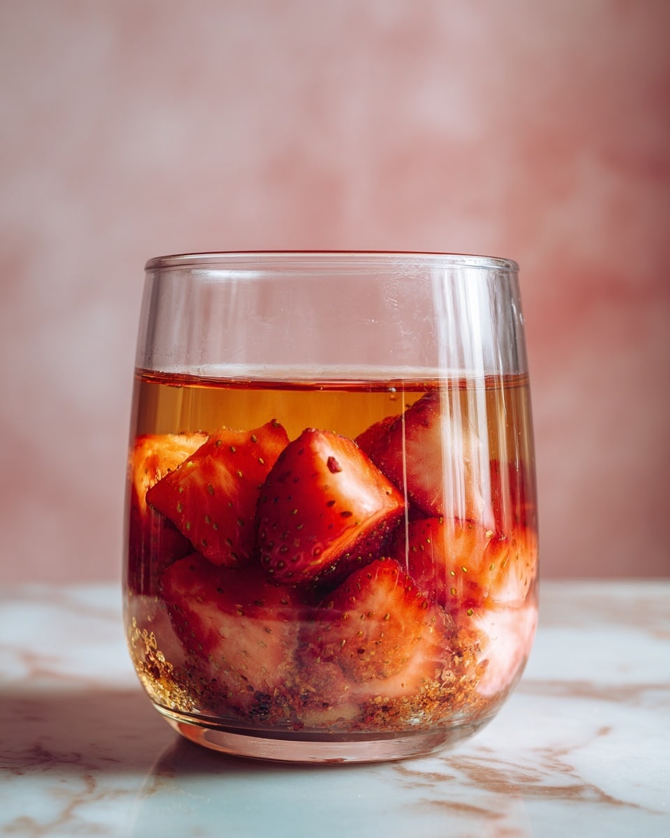 A clear blender cup filled with two main layers: the bottom layer shows pieces of red strawberries mixed with darker small bits, and the top layer is a golden-brown liquid that covers the fruit halfway. The cup is placed on a white marbled surface with a soft pink and white blurred background. photo taken with an iphone --ar 4:5 --v 7