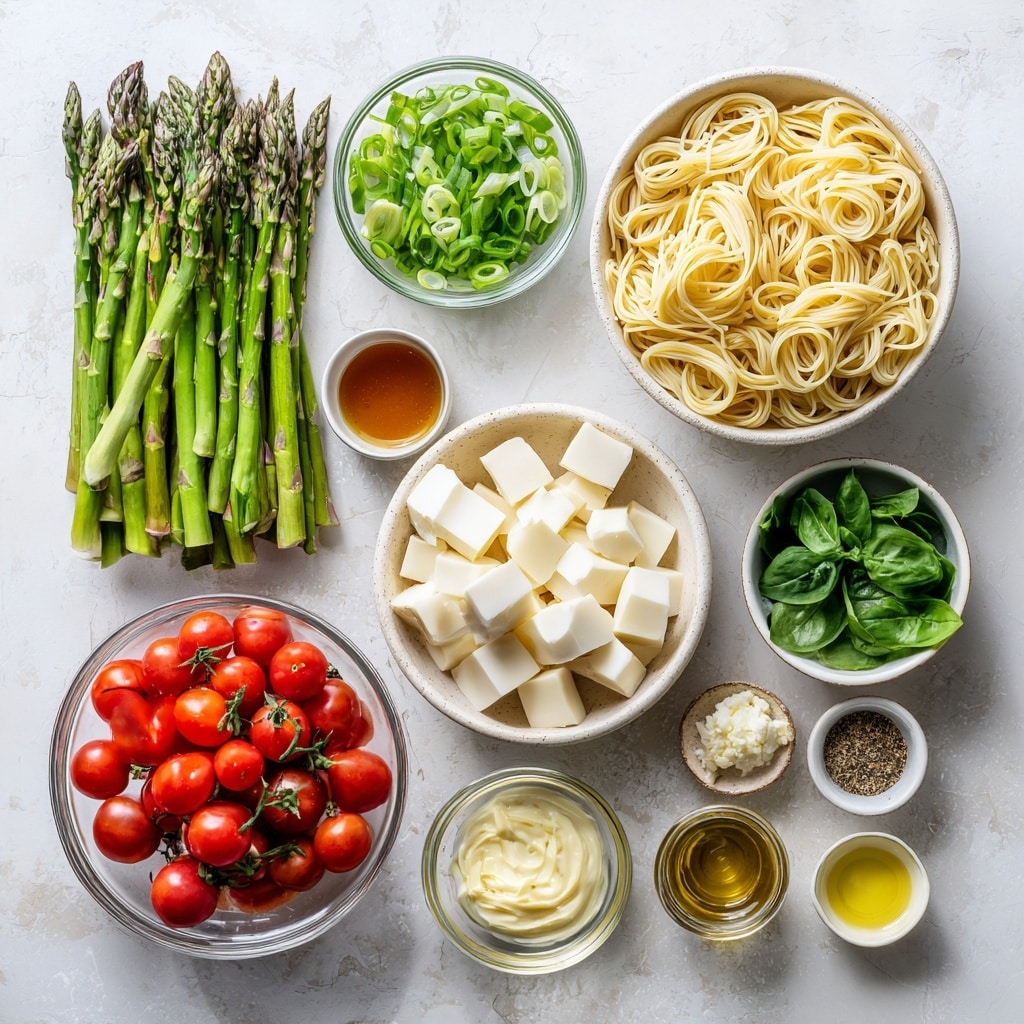 A clear glass bowl sits on a white marbled surface holding five separate layers of ingredients: at the front, small white cubes; to the left, light yellow spiral pasta; behind the pasta, chopped green onions; next to the green onions, bright green asparagus pieces; and at the back, a mix of red, orange, and dark cherry tomato halves. A yellow dressing is being poured from a clear measuring cup into the center of the bowl. The focus is on the pouring action with soft natural light. Photo taken with an iphone --ar 4:5 --v 7
