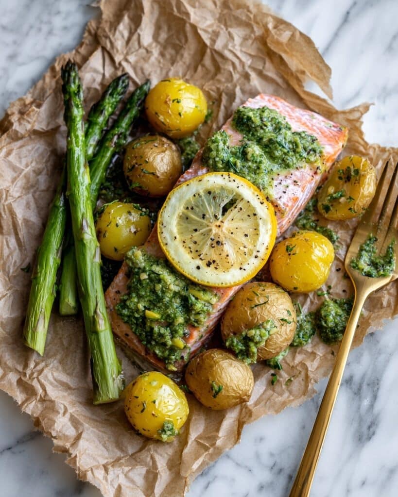 Spring Salmon & Potato Parchment Packets with Pistachio Basil Pesto Recipe
