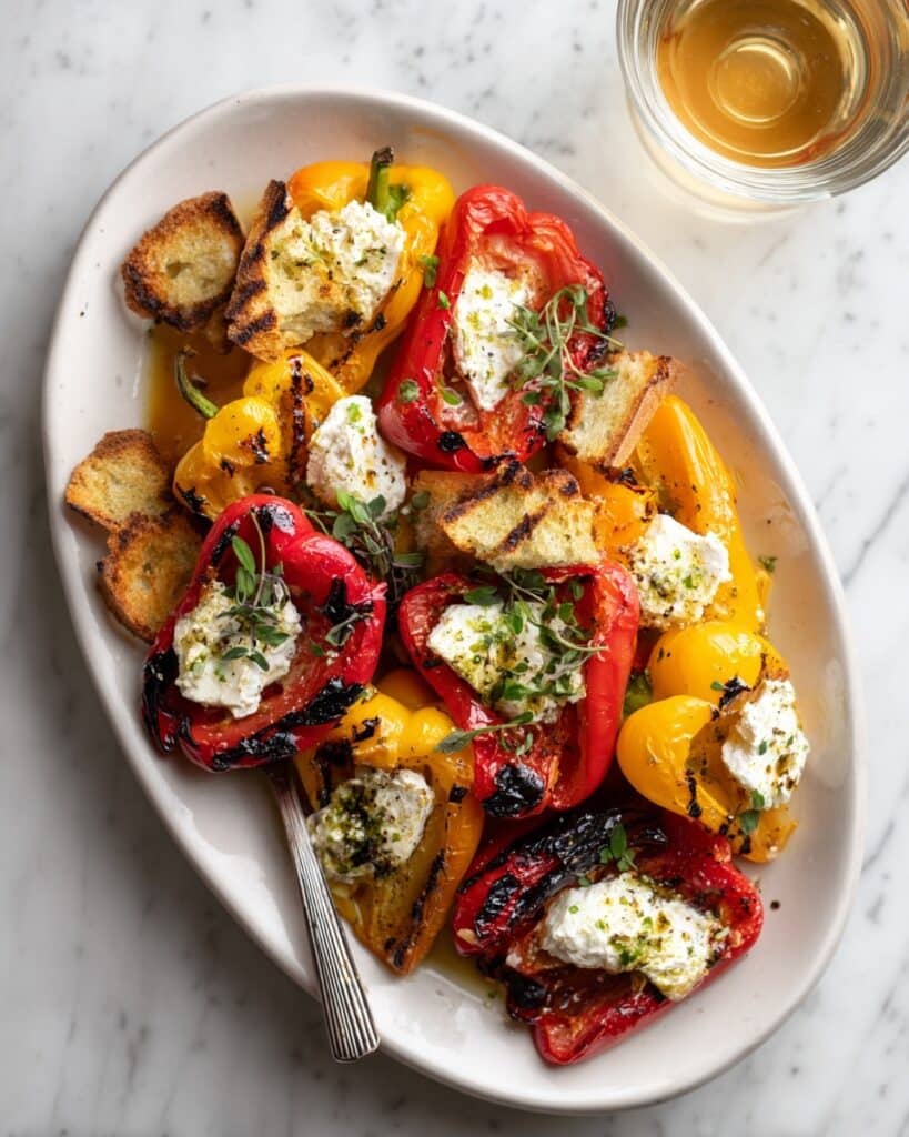 Grilled Marinated Peppers with Burrata and Sourdough Crumbs Recipe