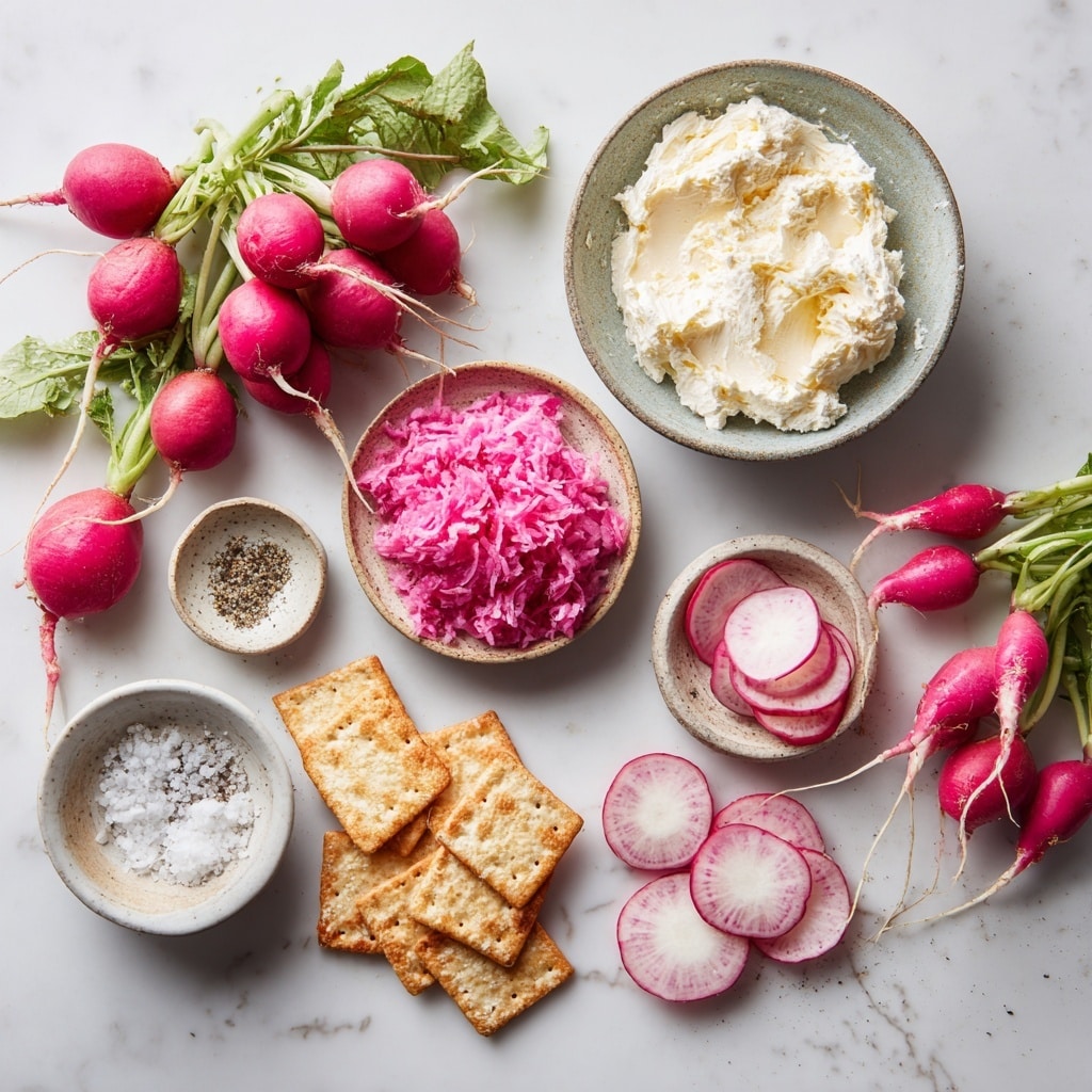 A white bowl filled with a creamy, light pink spread that has small red specks mixed in, topped with two small whole radishes, one with a long thin stem. A toasted golden-brown bread slice is dipped into the spread, standing upright in the bowl. The bowl sits on a white plate lined with a circle of toasted golden-brown bread slices. The plate rests on a white marbled surface. Photo taken with an iphone --ar 4:5 --v 7