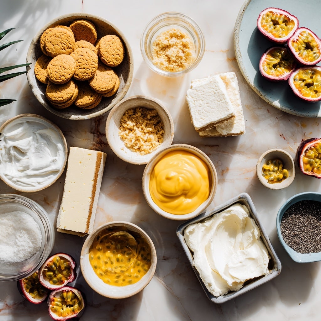 A clear blender jar filled with a smooth, pale yellow cream that has a thick but soft texture, positioned against a white marbled surface. Around the blender, several halves and whole passion fruits are placed, showing their bright orange and purple colors. A woman's hand is gently holding the jar from the bottom. In the background, there is a white bowl holding whole passion fruits. The lighting is bright and natural, highlighting the creamy mixture inside the blender jar. photo taken with an iphone --ar 4:5 --v 7