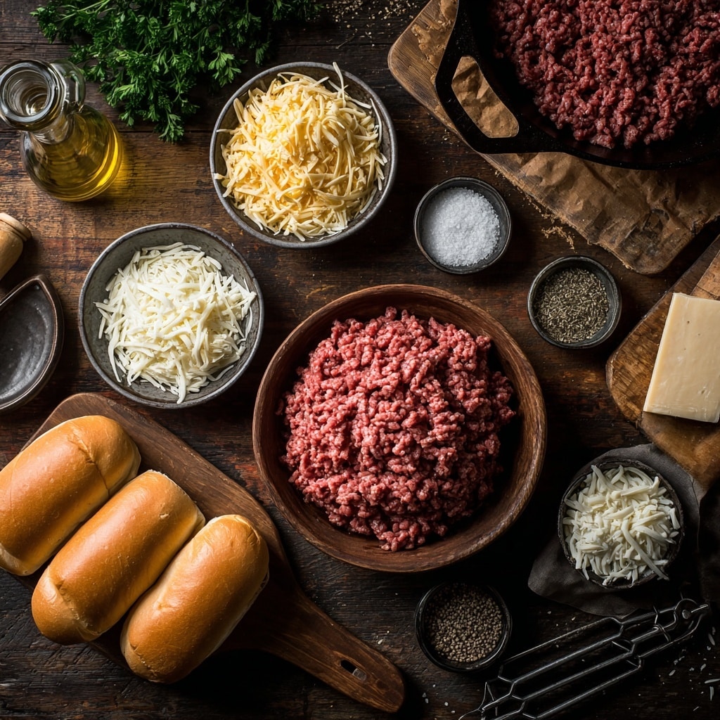The image shows four sloppy joe sandwiches arranged in a neat row on a piece of light brown parchment paper, placed on a white marbled surface. Each sandwich has two layers: a soft, golden-brown bun on the top and bottom, with a thick, dark brown, crumbly cooked ground meat filling inside. Some meat bits are scattered around the sandwiches on the parchment paper. The buns have a smooth, slightly shiny texture, and the meat looks moist and well-cooked. photo taken with an iphone --ar 4:5 --v 7
