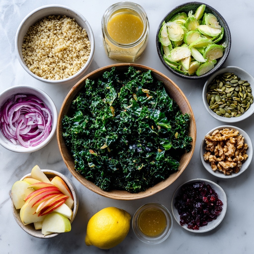 A clear glass bowl filled with distinct layers of colorful ingredients arranged side by side. Starting from the left, there is a pile of dark green kale leaves with a rough texture, next to it a heap of light green pumpkin seeds with smooth surfaces. Moving clockwise, there are several broken walnuts in warm brown tones with a rough texture, followed by dark red dried cranberries that look wrinkled. Beside them, there are cubes of red and yellow apple pieces with crisp edges. Next to the apples are small pieces of purple chopped onion, then bright red pomegranate seeds that are glossy and jewel-like. Behind the pomegranate seeds is a mound of light beige cooked quinoa with a fluffy texture. In the center, a light yellow creamy dressing is being poured from a glass jar into the bowl. The bowl rests on a white marbled surface. photo taken with an iphone --ar 4:5 --v 7