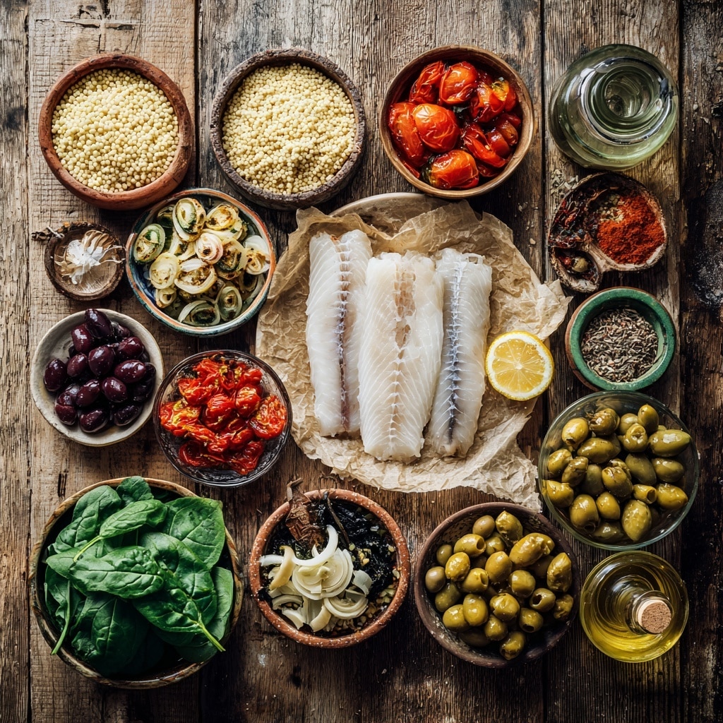 Six images show the cooking process of a stew in a large metal pan on a stove with a white marbled surface. The first image shows a mix of diced vegetables, mostly green and red, in a yellow-orange broth. In the second, tomatoes, capers, and dried chili peppers are added, creating a colorful mix of red, green, and dark brown. The third image adds white artichoke hearts and black olives to the simmering mix. In the fourth image, fresh spinach and uncooked pearl grains are sprinkled on top, adding green and white layers. The fifth image shows the spinach wilted and mixed into the stew, with the pearl grains slightly cooked. The final image has four large white fish fillets placed over the stew, topped with black pepper, ready to cook. photo taken with an iphone --ar 4:5 --v 7