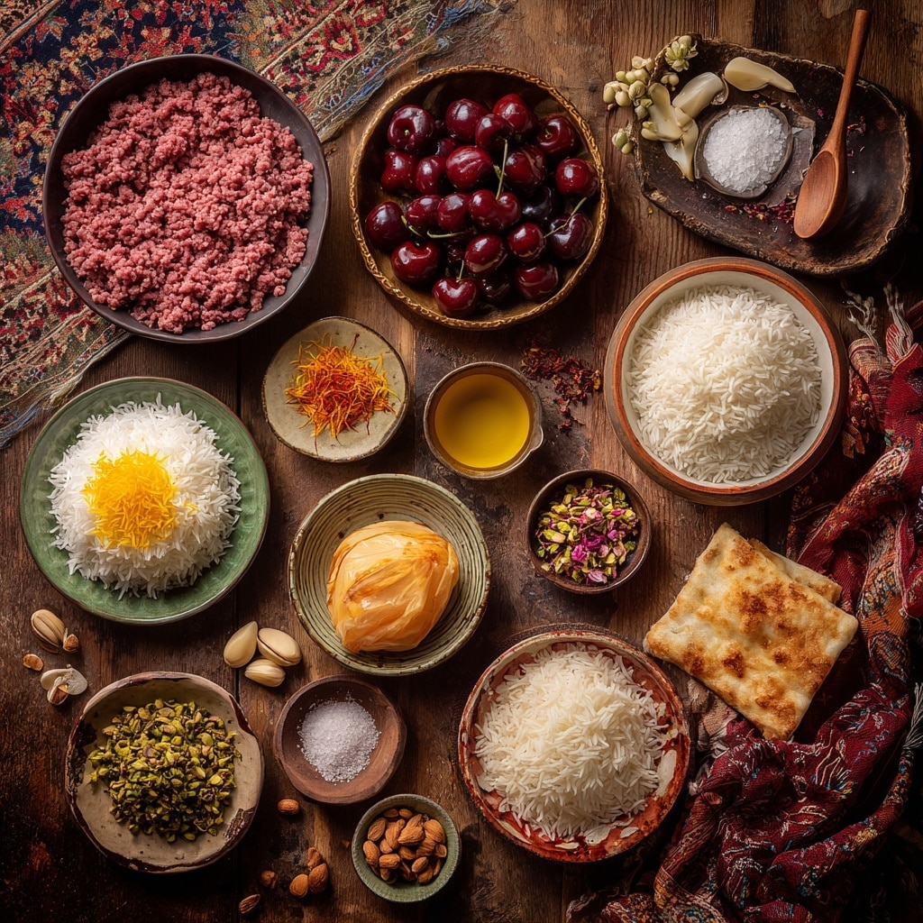 An oval white plate holds a colorful layered rice dish on a white marbled surface. Around the edge of the plate is a ring of small round brown meatballs. Inside the ring is a thick layer of white and yellow rice mixed with red cranberries. On top of the rice are slivered white almonds and chopped green pistachios, scattered evenly. The plate is next to a light beige cloth, and an ornate silver serving spoon lies above the plate. The photo looks bright and clear, taken with an iphone --ar 4:5 --v 7