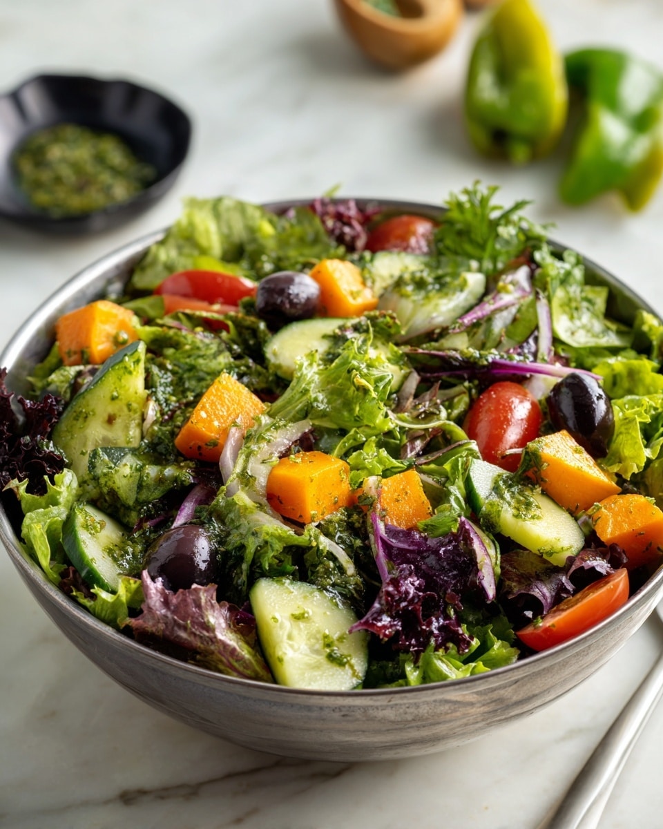 The image shows a top view of a meal prep with seven white bowls arranged on a wooden surface and a container of mixed green leafy vegetables at the top. The bowls contain different foods: one with dark purple olives, one with green cucumber pieces, one with bright red cherry tomatoes cut in half, one with orange bell pepper chunks, one with yellow bell pepper pieces, one with browned grilled chicken pieces with herbs, and one in the middle holding a creamy green herb sauce with a smooth texture. The mixed greens above the bowls are fresh with various green leafy textures. Photo taken with an iphone --ar 4:5 --v 7