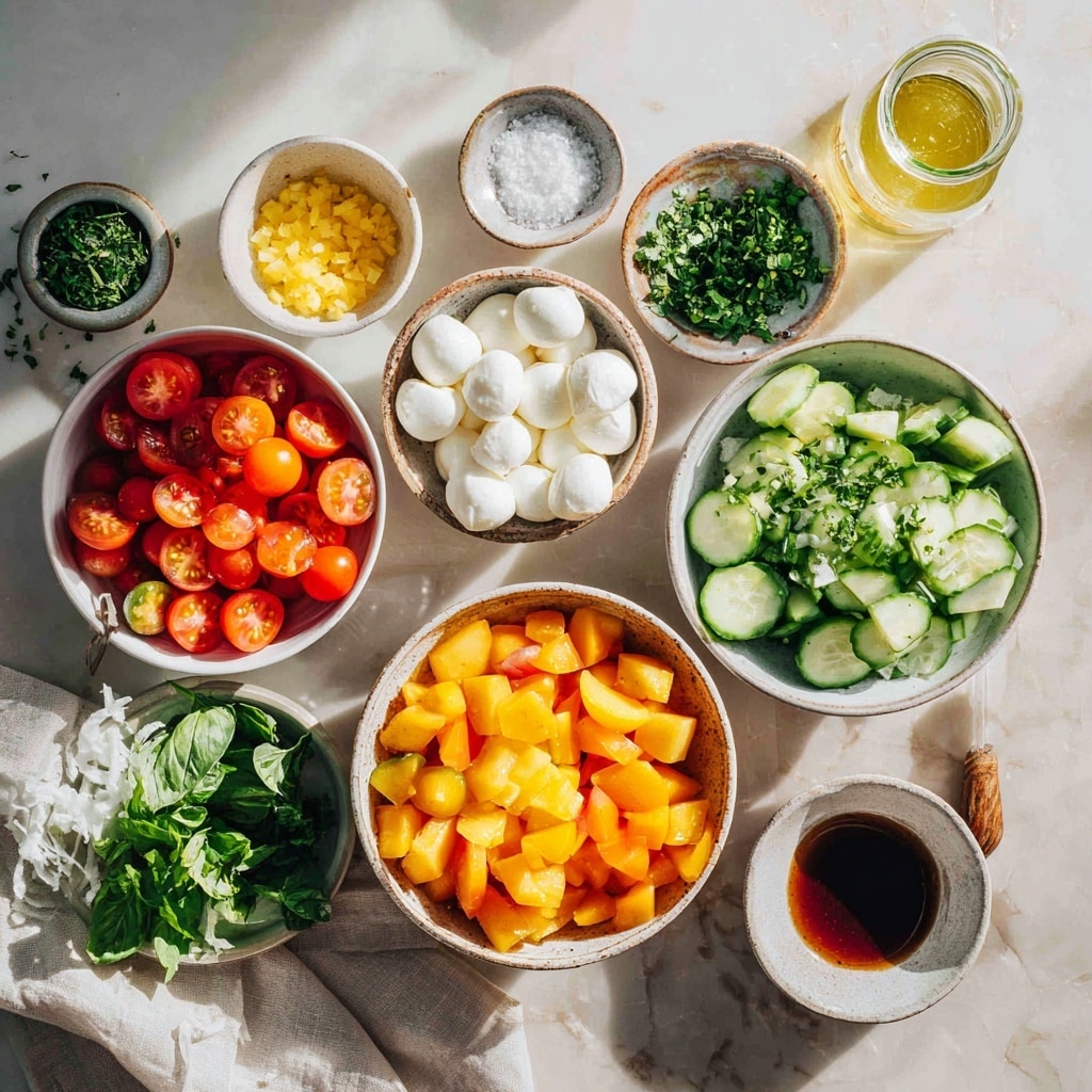 A white plate holds a colorful salad made of sliced green cucumber rounds and halved red cherry tomatoes spread evenly on the plate. Small white balls of mozzarella cheese are mixed in with the vegetables. There are also small yellow peach chunks scattered throughout the salad. Finely chopped green herbs are sprinkled over the salad, giving it a fresh look. The salad appears lightly dressed with visible droplets of olive oil and cracked black pepper. The plate is set on a white marbled surface. photo taken with an iphone --ar 4:5 --v 7
