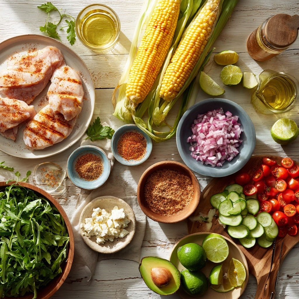 A white bowl filled with a colorful salad arranged in layers: the bottom layer is fresh green arugula, topped with grilled orange-brown chicken slices placed in the center. Around the chicken are bright yellow corn kernels at the bottom right, green avocado slices to the left and right, thin green cucumber slices on the far right, small cut red cherry tomatoes near the top left, and crumbled white cheese near the top right. There are small pieces of purple onion scattered over the salad, and fresh green cilantro leaves on top. The bowl sits on a white marbled surface, and a silver fork is placed in the corn section. Photo taken with an iphone --ar 4:5 --v 7