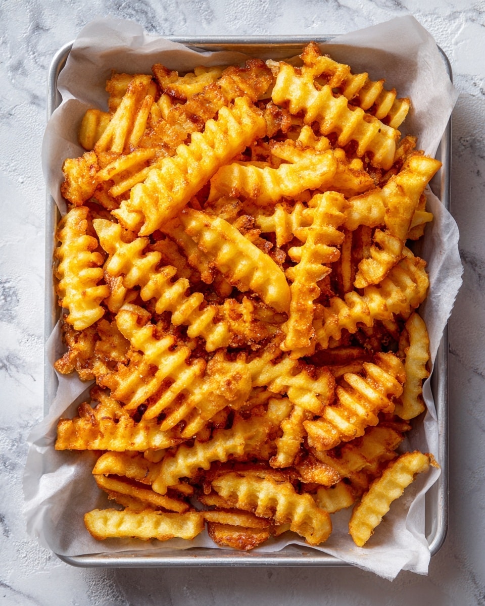 A pile of golden brown waffle fries fills a large rectangular baking tray lined with white parchment paper. The fries have a lattice texture with ridged edges, and their color varies slightly from light to deeper golden hues, showing a crispy surface. The tray sits on a white marbled textured surface, and the fries are stacked unevenly, covering the entire tray in a cozy heap. photo taken with an iphone --ar 4:5 --v 7