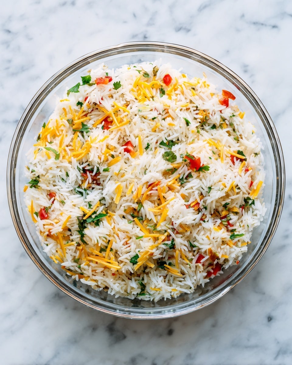 The image shows four stuffed tomatoes arranged in a white oval dish on a white marbled surface. Each tomato acts as a hollow cup filled with a mixture of white rice and green herbs, topped with the tomato's red skin placed like a lid. The stuffed tomatoes sit in a pool of yellow olive oil that has small bits of herbs and seasoning floating in it. Fresh green basil leaves are scattered both inside the dish and on the marbled surface around it. There is also a small white bowl with grated cheese visible in the top left corner. The overall look is bright with warm reds, greens, and yellows, and the textures range from smooth tomato skin to the grainy, fluffy rice filling. Photo taken with an iphone --ar 4:5 --v 7