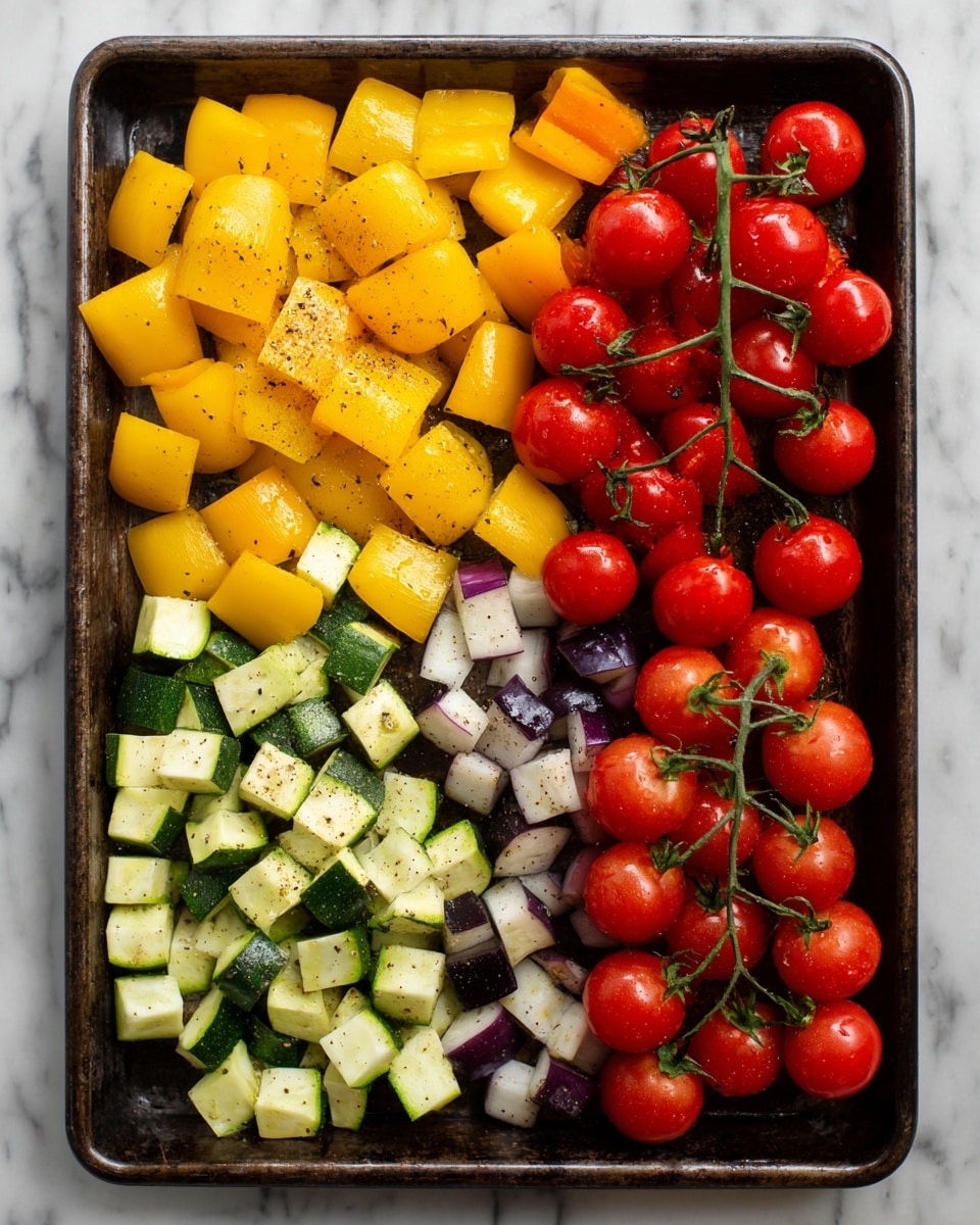 A dark metal baking tray shows four groups of fresh chopped vegetables arranged separately. The top left corner has bright yellow bell peppers, cut into square pieces with a smooth texture and some black pepper seasoning on top. Below that, in the bottom left corner, are light green zucchini chunks, also cut into square pieces and sprinkled with black pepper. The center area of the tray holds diced eggplant with pale white flesh and dark purple skin, mixed with some brownish seasoning. On the right side of the tray, there are vibrant red cherry tomatoes still attached to their green vine, round and shiny. The tray is placed on a white marbled surface. photo taken with an iphone --ar 4:5 --v 7