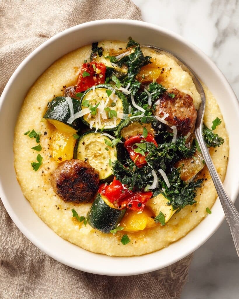 Chicken Sausage Sheet Pan with Roasted Vegetables and Creamy Parmesan Polenta Recipe