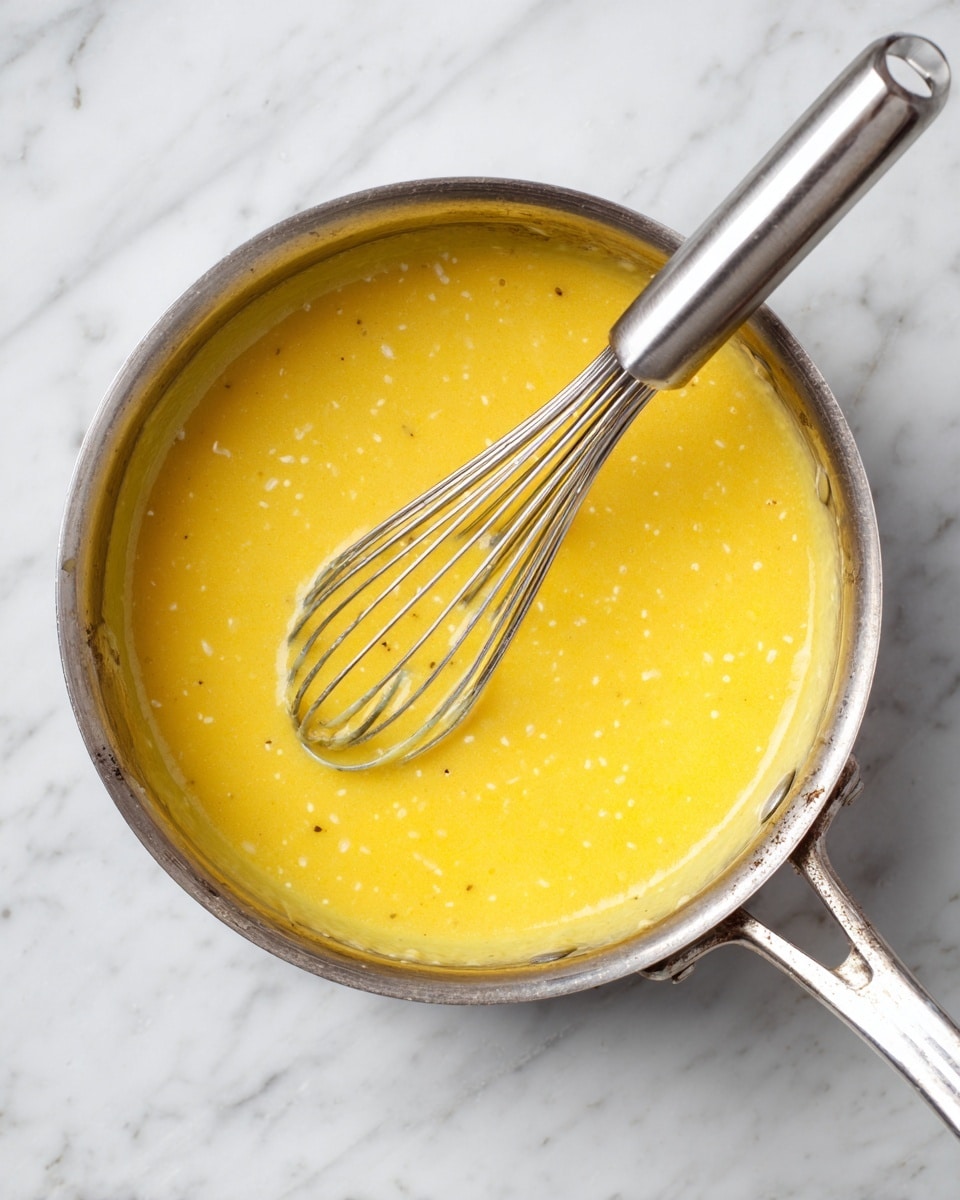 A metal saucepan filled with a thick yellow sauce that has small white specks throughout, with a silver whisk placed inside it. The saucepan is set on a white marbled surface, and the long handle of the pan extends upward in the image. The sauce looks smooth but textured, and the whisk has thin wire loops. Photo taken with an iphone --ar 4:5 --v 7