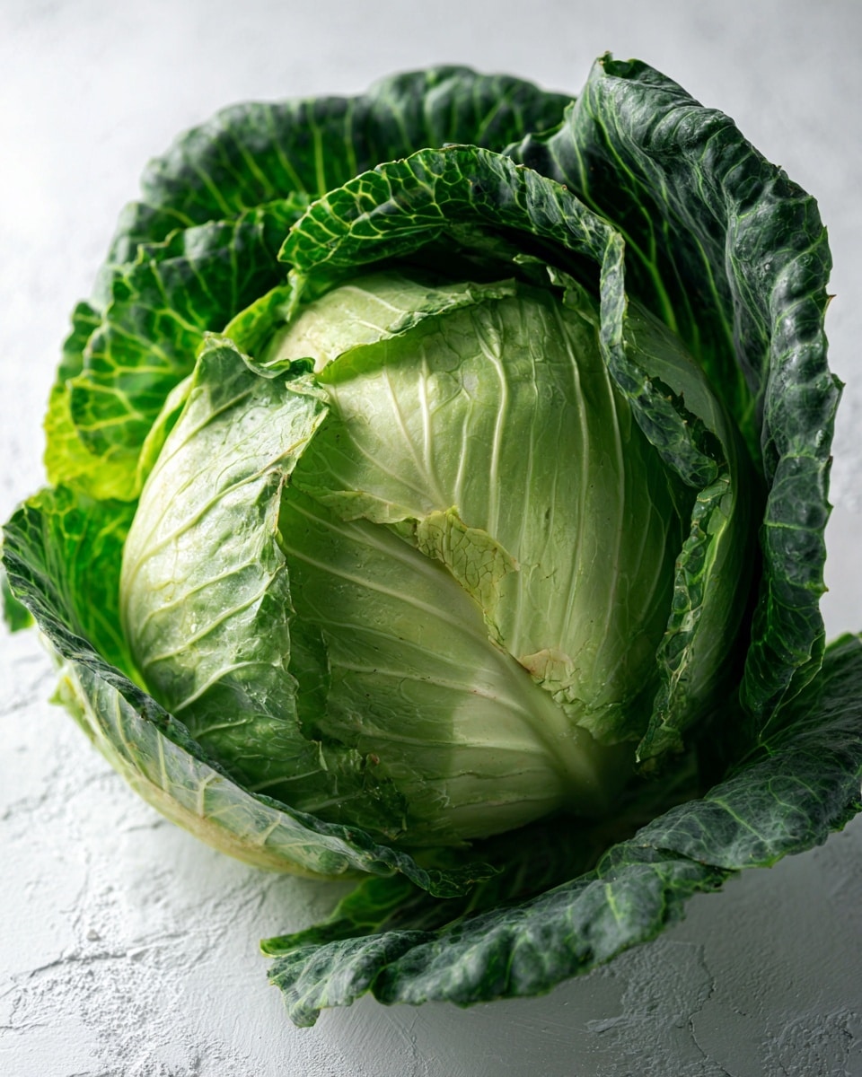 The image shows a whole green cabbage placed on a white marbled surface. The cabbage has layers of pale green and light green leaves tightly packed, with the outer leaves being darker green and slightly ruffled. The base of the cabbage reveals a white, firm core in the center, where some leaves are slightly separated, showing the texture and thickness of the layers. The cabbage has a fresh and crisp look with soft shadows around it. photo taken with an iphone --ar 4:5 --v 7