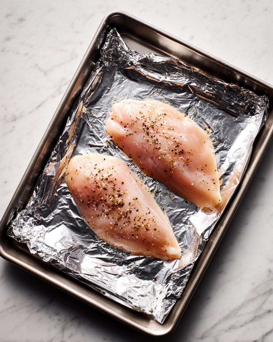 Two raw chicken fillets sit on a layer of shiny silver aluminum foil that lines a baking tray. The fillets are pale pink with small darker pepper flakes sprinkled evenly on top. The foil has slight crinkles around the edges, and the tray is placed on a white marbled surface. photo taken with an iphone --ar 4:5 --v 7