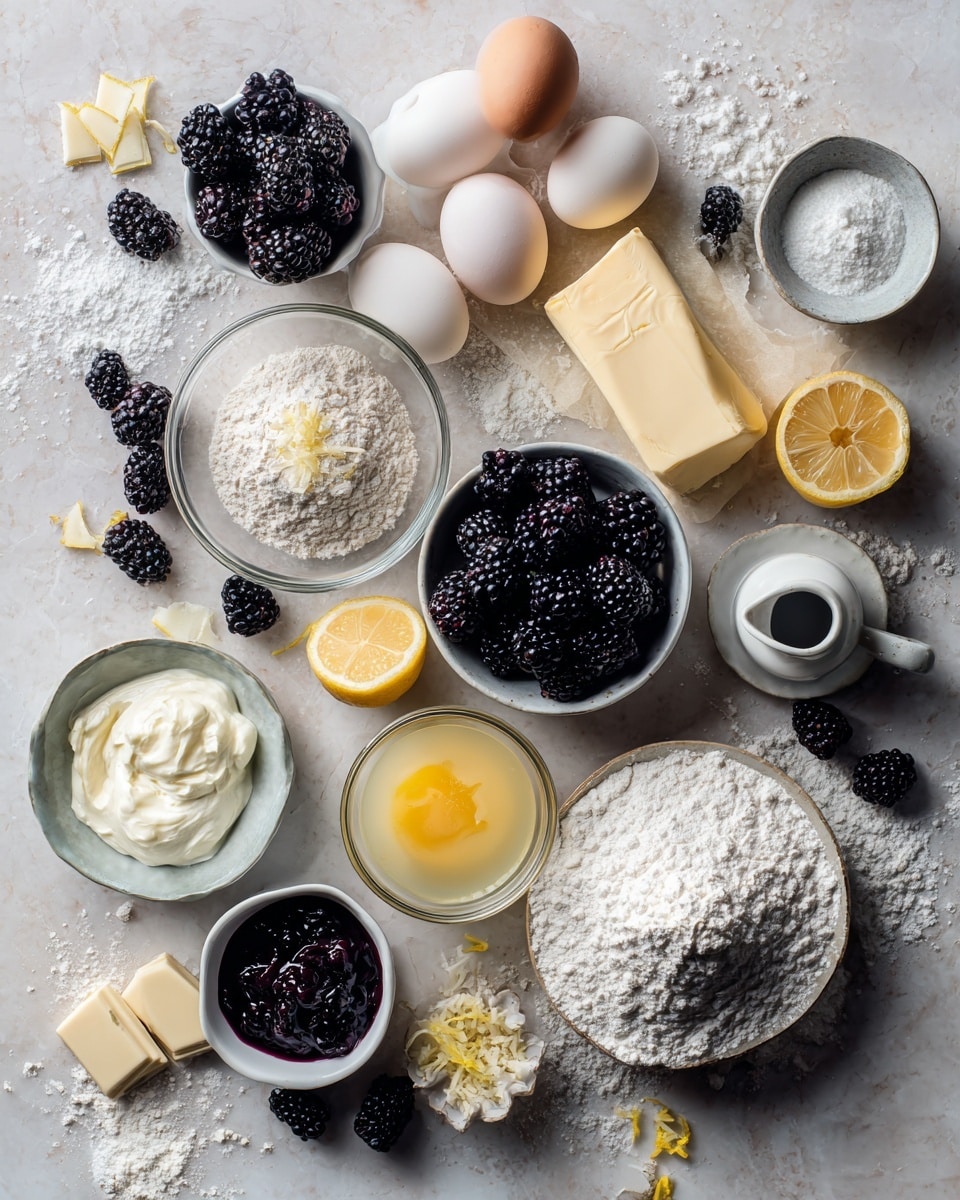 The image shows a clear glass mixing bowl filled with thick, creamy yellow batter that has a smooth and slightly fluffy texture. The batter has a few visible blackberries mixed inside, which add small dark spots throughout. A white spatula with a wooden handle is partially dipped into the batter, gently mixing it. The bowl is placed on a white marbled surface, creating a clean and bright background. photo taken with an iphone --ar 4:5 --v 7