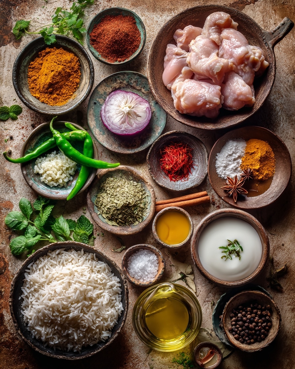 The image shows two containers on a white marbled surface. On the left, there is a white rectangular dish filled with several pieces of raw chicken covered fully in an orange-brown marinate paste with a chunky texture. On the right, there is a clear glass bowl containing fluffy white rice with a few pieces of dark brown whole spices mixed in. The two containers are placed side by side, creating a simple, clean cooking preparation scene. Photo taken with an iphone --ar 4:5 --v 7