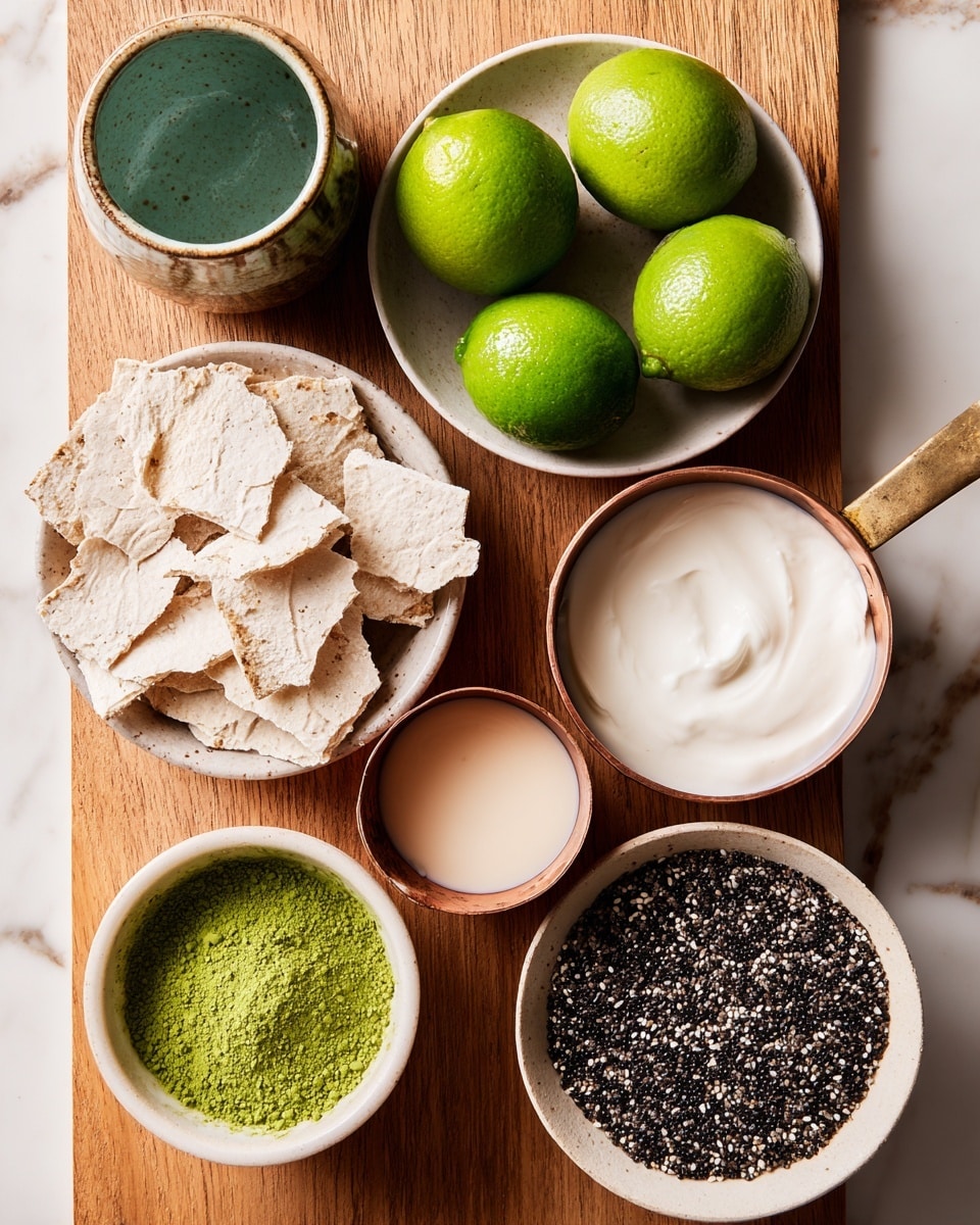 Two clear glasses sit on a white marbled surface, each filled with three layers: a light green creamy chia pudding with small dark chia seeds, a middle layer of crumbled light brown crunchy pieces, and another top layer of the same green chia pudding. On top of each glass, there is more light brown crunchy pieces and a fresh round slice of bright green lime placed slightly leaning on the pudding. A slender wooden spoon stands inside the front glass, next to the lime slice. A soft, dark gray cloth with thin white stripes is draped casually behind the glasses. The background is a smooth light gray color. Photo taken with an iphone --ar 4:5 --v 7