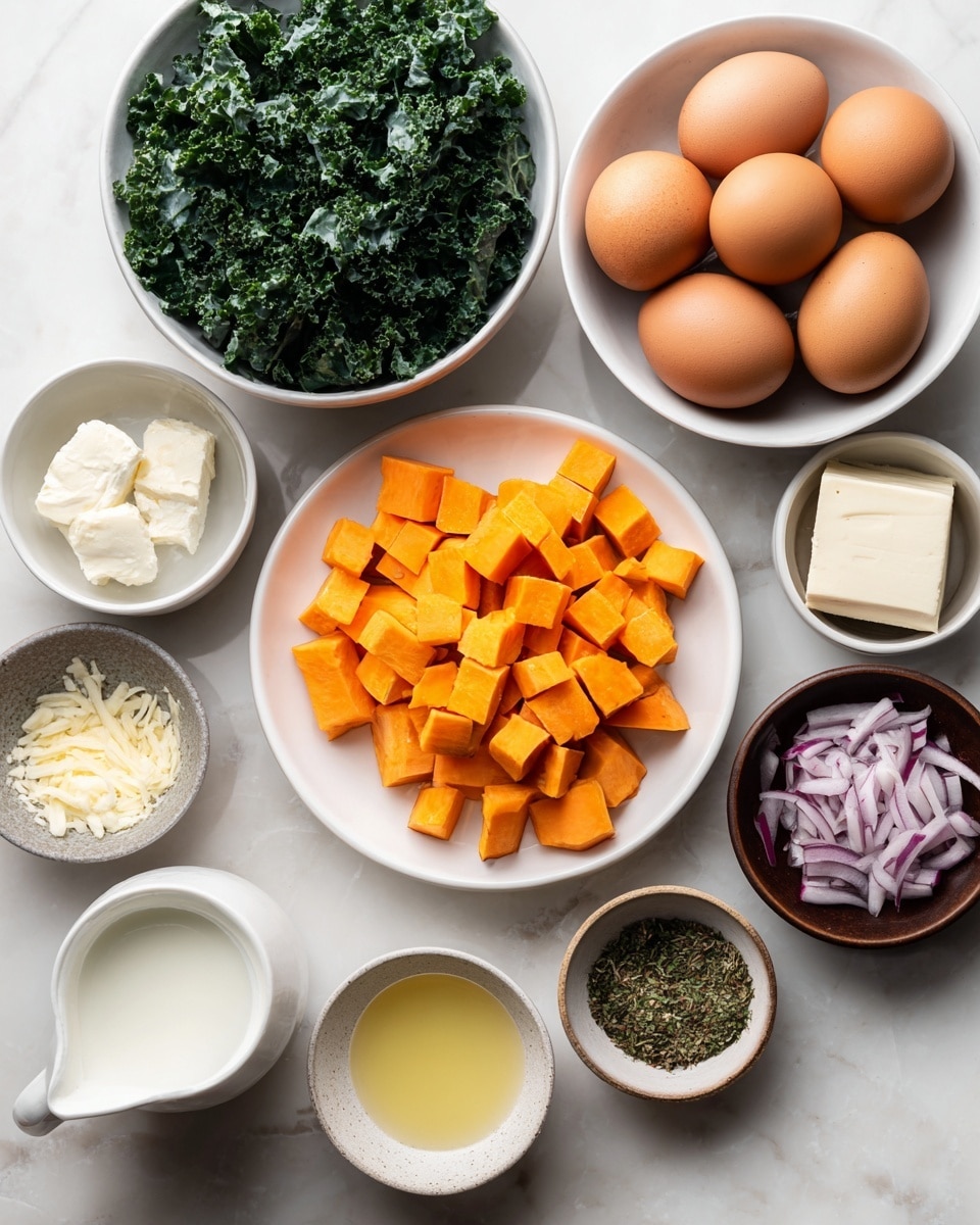 The image shows several white bowls filled with different ingredients on a white marbled surface. One large white bowl in the center is filled with small cubes of bright orange sweet potatoes. To the top right, a white bowl holds nine brown eggs arranged closely, one lighter in color than the rest. A large white bowl at the top left is full of dark green leafy kale. In the middle right, there is a small white bowl with a soft, white block of cheese. Below the cheese, a tiny light brown bowl contains a mix of dried herbs. At the bottom right, a small brown bowl holds chopped red onions. To the bottom left, a small dark brown bowl holds minced garlic, and a smaller white bowl nearby contains a pale golden liquid, likely olive oil. Finally, a small white cup filled with milk or cream is positioned to the left of the sweet potatoes. The items are neatly placed with space between them, all on a white marbled backdrop. Photo taken with an iphone --ar 4:5 --v 7