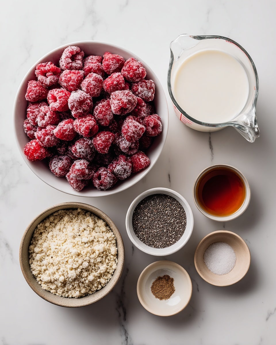 This image shows six containers of ingredients sitting on a white marbled surface. The largest container is a white bowl filled with frozen raspberries that are a deep bright red with frosty texture. Next to it, there is a clear glass measuring cup filled with smooth, creamy white liquid, likely milk. Above the raspberries is a small white bowl filled with tiny black and white chia seeds, creating a speckled texture. To the right of the raspberries is a small beige bowl with a dark amber liquid, possibly vanilla extract. Below the raspberries, there is a brown bowl filled with chopped pale beige nuts or grains with a rough texture. Next to it is a tiny white bowl holding two small piles of ground brown spice and coarse white salt. All items sit neatly arranged, showcasing a variety of textures and natural colors. Photo taken with an iphone --ar 4:5 --v 7