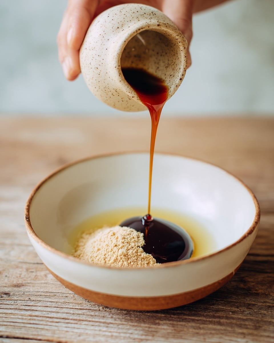 A white bowl with a light brown rim holds three layers of ingredients at the bottom. The base layer is a light yellowish liquid, the middle layer is a glossy dark brown sauce in a rounded shape, and the top layer is a small pile of fine beige powder. Above the bowl, a woman's hand is holding a small, speckled beige container tilted as if about to add more to the bowl. The bowl sits on a wooden textured surface, and the background is softly blurred with neutral tones. photo taken with an iphone --ar 4:5 --v 7