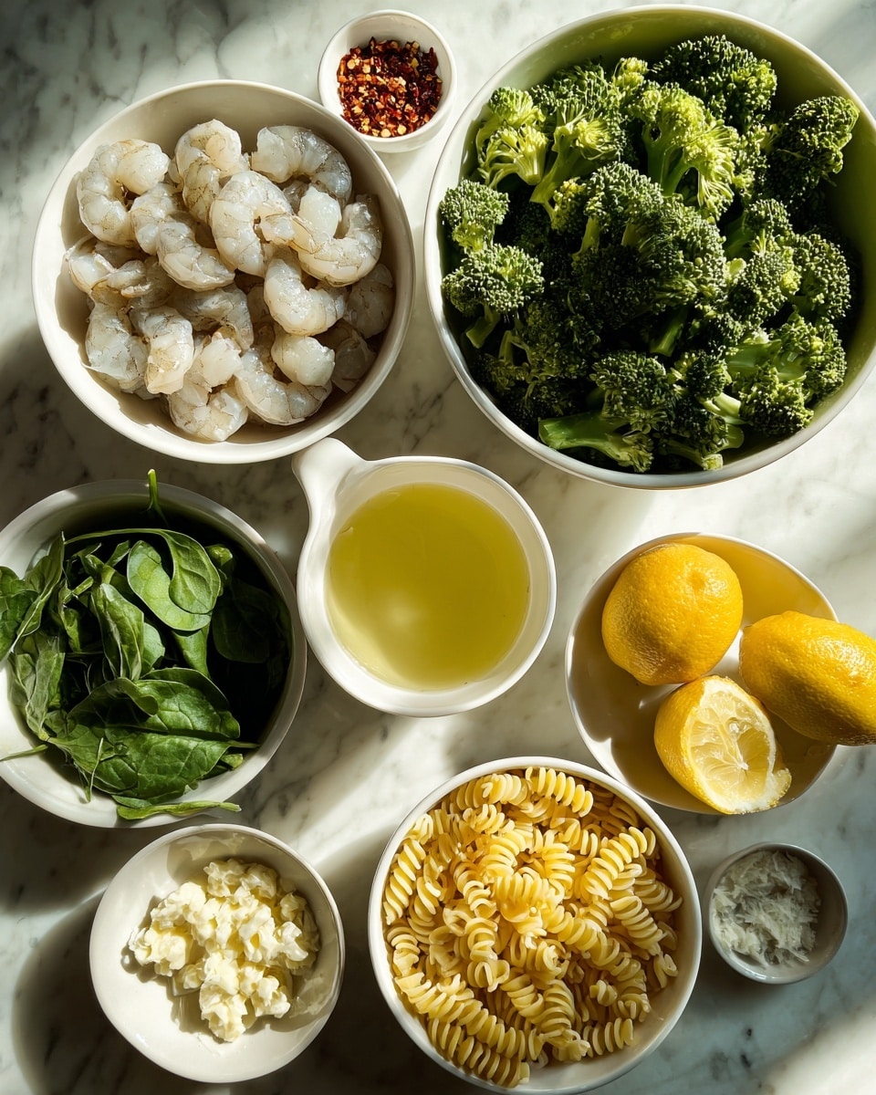 Several white bowls and cups with ingredients are arranged on a white marbled surface. One large white bowl at the top right holds fresh green broccoli florets. Below it, a white bowl is filled with raw shrimp, pale gray and curled. At the bottom left, another white bowl contains dry yellow spiral pasta. A smaller white bowl above the pasta holds bright green spinach leaves. To the right of the shrimp is a small white cup filled with light yellow liquid. Across from it is a small white bowl with two lemon halves, yellow and juicy. Two small bowls sit at the top left, one with chunks of white cheese and another with minced garlic. A final tiny bowl contains red chili flakes. The lighting is natural and bright, casting soft shadows. Photo taken with an iphone --ar 4:5 --v 7