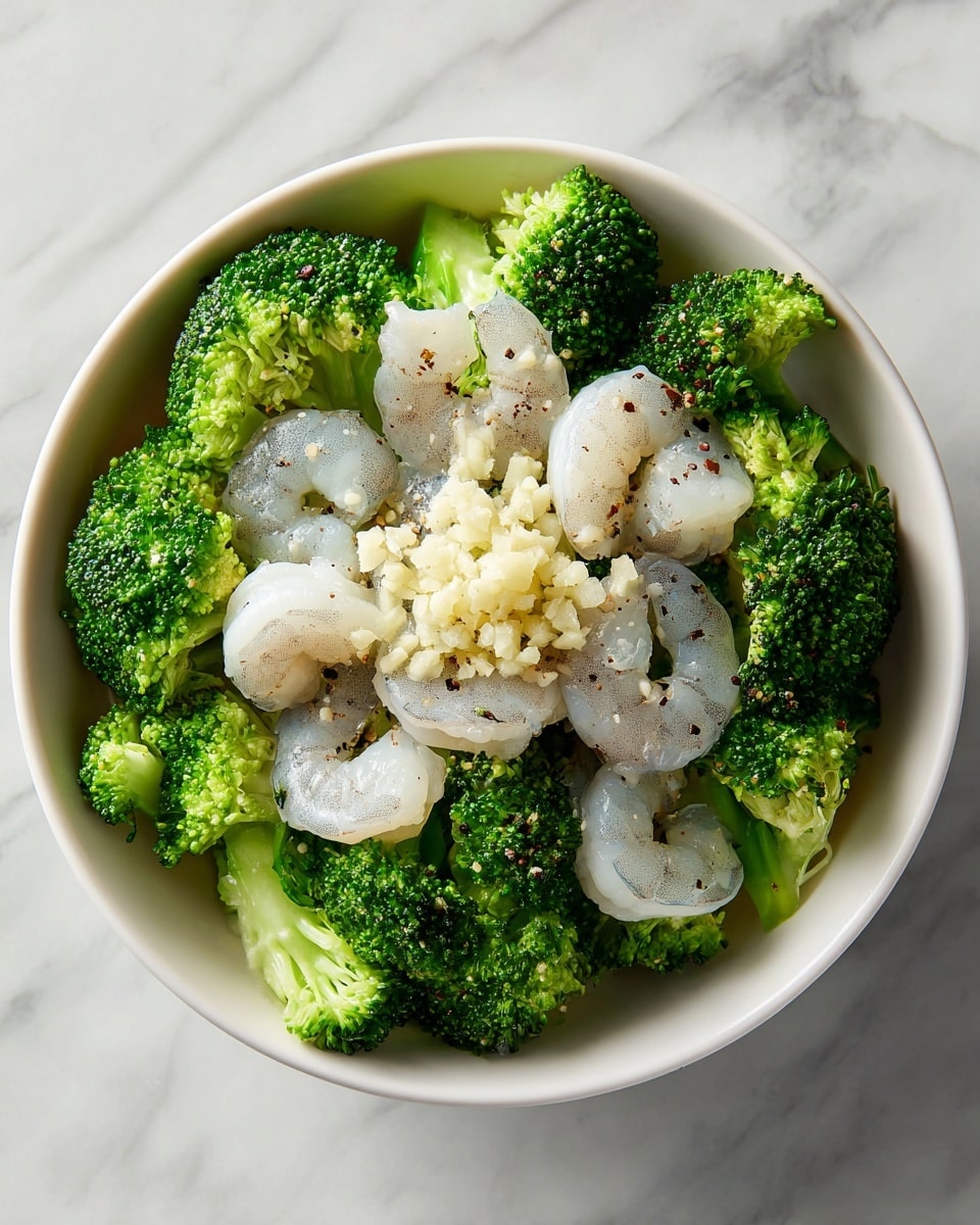 The dish shows a white bowl filled with a bottom layer of bright green broccoli florets with a slightly crisp texture. On top of the broccoli, there is a layer of raw shrimp with a translucent grayish-white color and a slight shine, arranged in a loose circular pattern. In the center of the shrimp layer, there is a small pile of finely chopped garlic, pale yellow in color, adding some texture contrast. The shrimp are sprinkled with black pepper, visible as small dark specks. The bowl sits on a white marbled surface. photo taken with an iphone --ar 4:5 --v 7