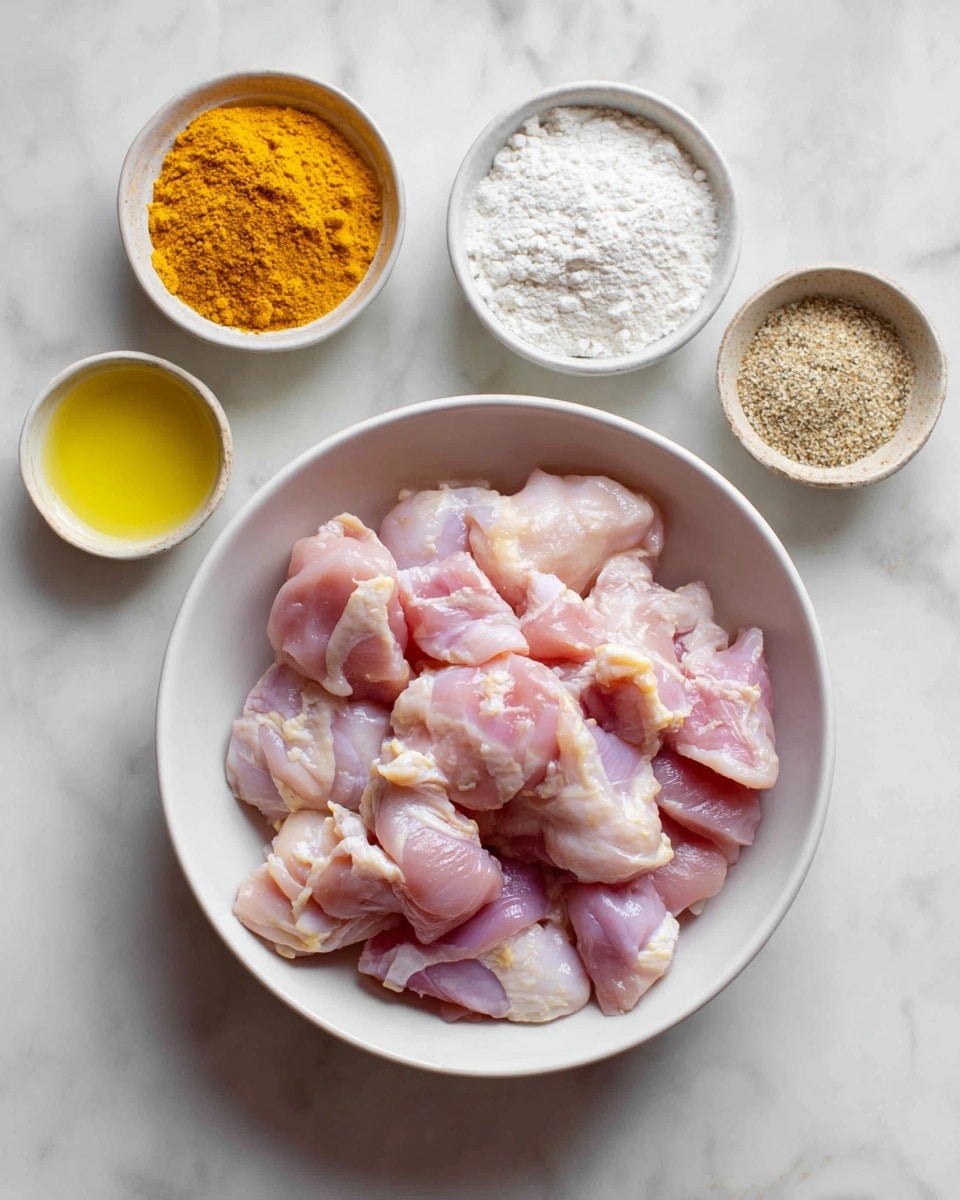 A white bowl in the center filled with raw chicken pieces that are pale pink with some white fatty bits, surrounded by three small bowls placed around it: one with bright yellow turmeric powder, one with white flour, and one with pale yellow oil, all set on a white marbled surface. photo taken with an iphone --ar 4:5 --v 7