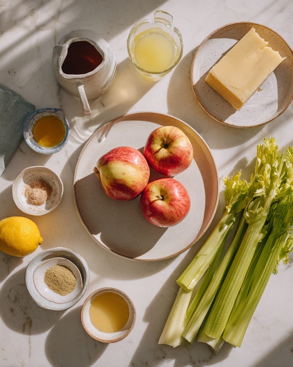 The image shows a white round plate in the center with two red and yellow apples on it. To the right of the plate, there is a bunch of bright green celery stalks. Above the plate, there is a small white bowl with a large block of pale yellow cheese. Around the plate, there are several small bowls and containers: one with a dark brown liquid, one with a light yellow liquid, a small bowl with light brown powder, a small beige bowl with some mustard, a lemon in a small basket, and a white pitcher with a yellow liquid. The whole scene is set on a white marbled surface with soft natural sunlight creating shadows. Photo taken with an iphone --ar 4:5 --v 7
