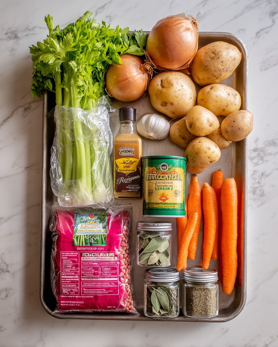 The image shows a metal tray with an organized arrangement of cooking ingredients on a white marbled surface. From left to right, there is a clear plastic package of fresh celery with green leaves visible at the top, a brown onion with a rough skin, a small head of garlic with white papery skin, and two light brown potatoes with smooth skins. Below these, there is a shiny can of green lentils with a label, and a pink bag of red lentils with clear text. Above these, there is a bottle of Worcestershire sauce with a yellow label, and four small glass spice jars with green lids, containing bay leaves, dried basil, oregano, and sage, each showing dark green dried herbs. On the right, there are three bright orange carrots with a slightly rough surface. The layout is tidy and the ingredients are fresh, captured clearly with an iphone --ar 4:5 --v 7