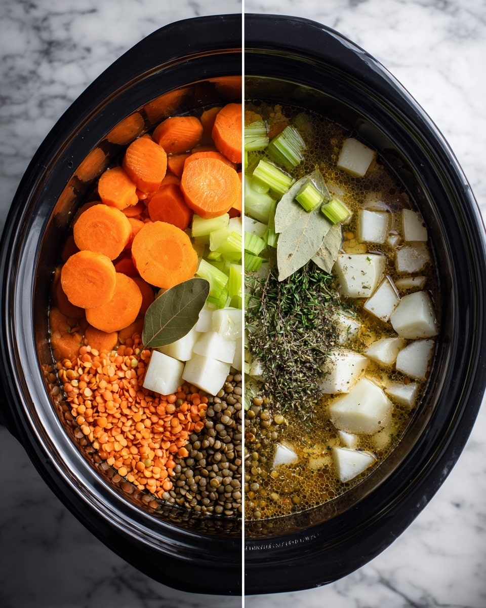 The image shows a black slow cooker on a white marbled surface, divided into two halves. On the left side, inside the cooker are five distinct layers: bright orange sliced carrots on the left, light green chopped celery at the top, white cubed potatoes on the right, orange lentils at the bottom left, and dark dried herbs sprinkled over the center with two bay leaves on top. On the right side, the same cooker holds a mix of these ingredients now submerged in a clear broth, with visible white, orange, and green bits floating along with herbs spread on the surface. photo taken with an iphone --ar 4:5 --v 7
