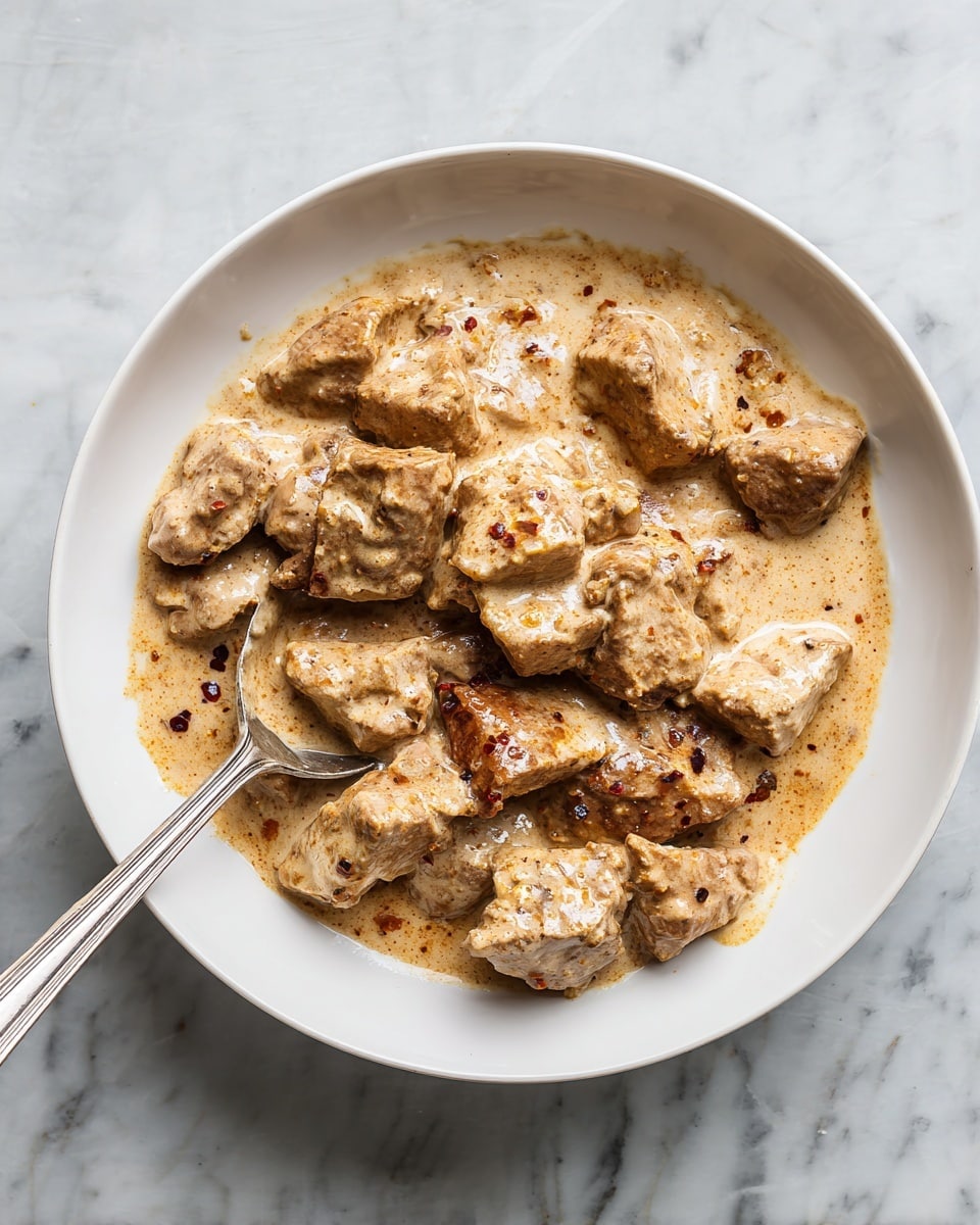 A white bowl is filled with uneven pieces of meat coated in a thick, creamy sauce that is light brown with specks of darker spices throughout. The sauce looks smooth and rich, covering the meat pieces fully. A silver spoon is partially submerged in the mixture, leaning towards the left side of the bowl, with some sauce on the back of the spoon. The bowl sits on a surface with a white marbled texture. photo taken with an iphone --ar 4:5 --v 7