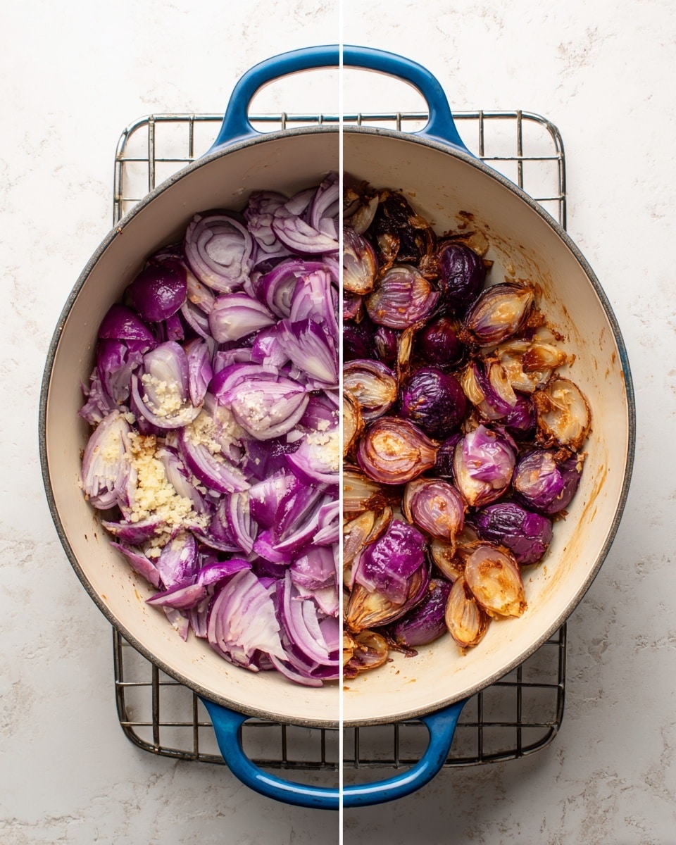 A white pot with blue handles sits on a cooling rack above a white marbled surface. In the left half of the image, inside the pot, there is a single layer of raw red onion slices mixed with small pieces of garlic and sprinkled with salt, showing a fresh purple and white mix of colors with shiny textures. On the right half, the same pot holds a single layer of cooked red onions that are softened and browned, showing a darker purple and brown color with a slightly wilted texture, spread unevenly with a small empty space in the lower right area. Photo taken with an iphone --ar 4:5 --v 7