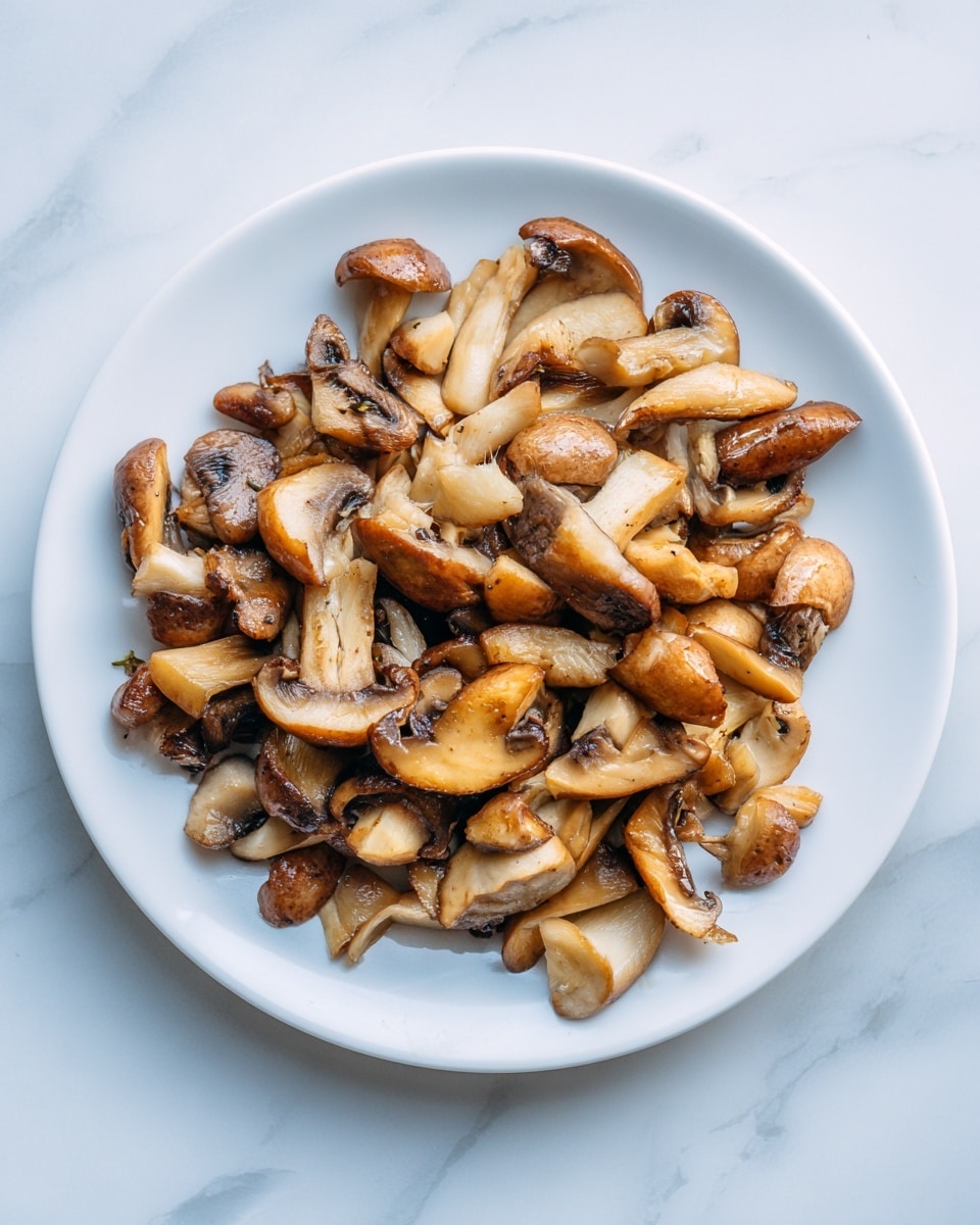 A small pile of cooked mushrooms sits on a clean white plate, placed on a white marbled surface. The mushrooms are a mix of light to dark brown colors, with smooth and slightly shiny textures from cooking. The mushrooms vary in size with some whole and some broken into pieces, showing soft, tender sides and curved caps. There is a simple, natural look with no extra garnish or sauce visible. photo taken with an iphone --ar 4:5 --v 7